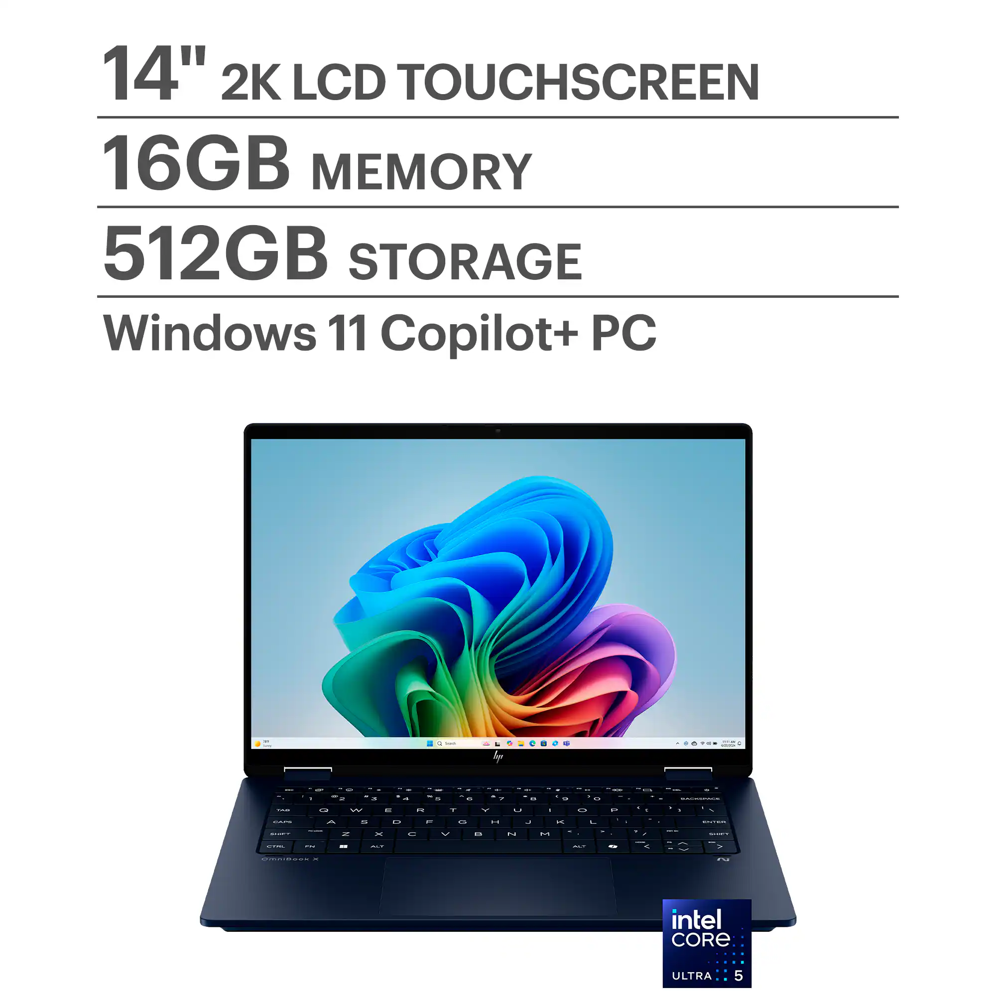 HP - OmniBook X Flip 2-in-1 - Copilot+ PC - 14" 2K Touch-Screen Laptop - Intel Core Ultra 5 - 16GB Memory - 512GB SSD - Atmospheric Blue