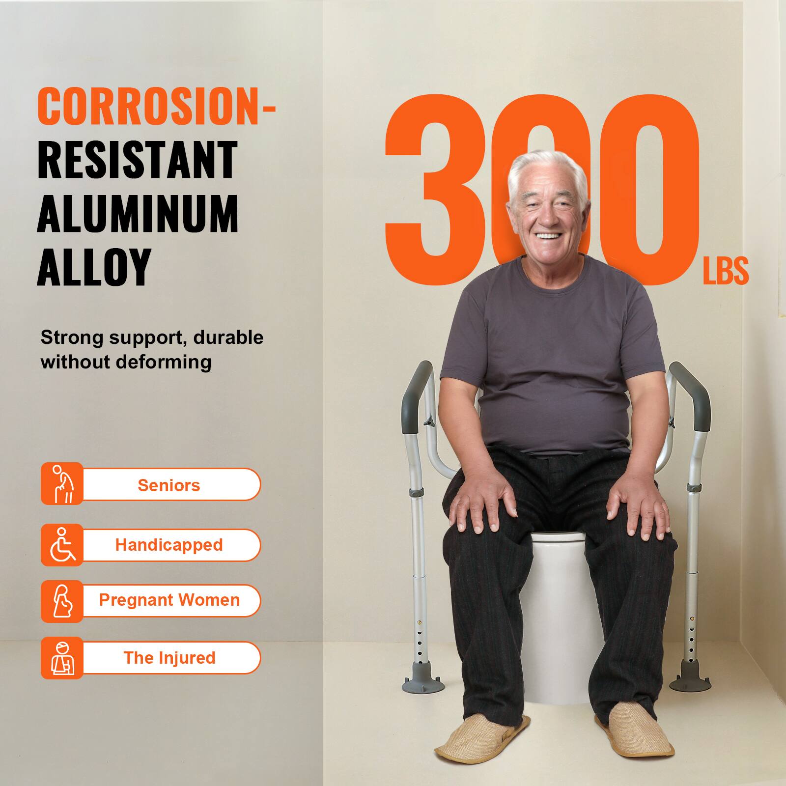CORROSION- RESISTANT ALUMINUM ALLOY

300 LBS

Strong support, durable without deforming

Seniors
Handicapped
Pregnant Women
The Injured