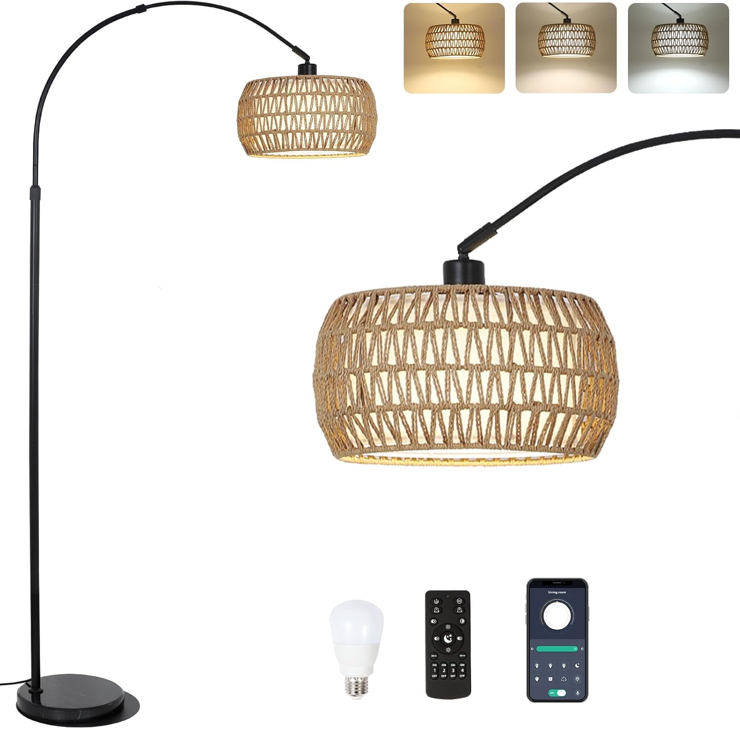 Front. Akoasm - Arc Floor Lamps for Living Room with 3 Color Temperatures, Black Standing Lamp with Remote & Dimmable LED Bulb.