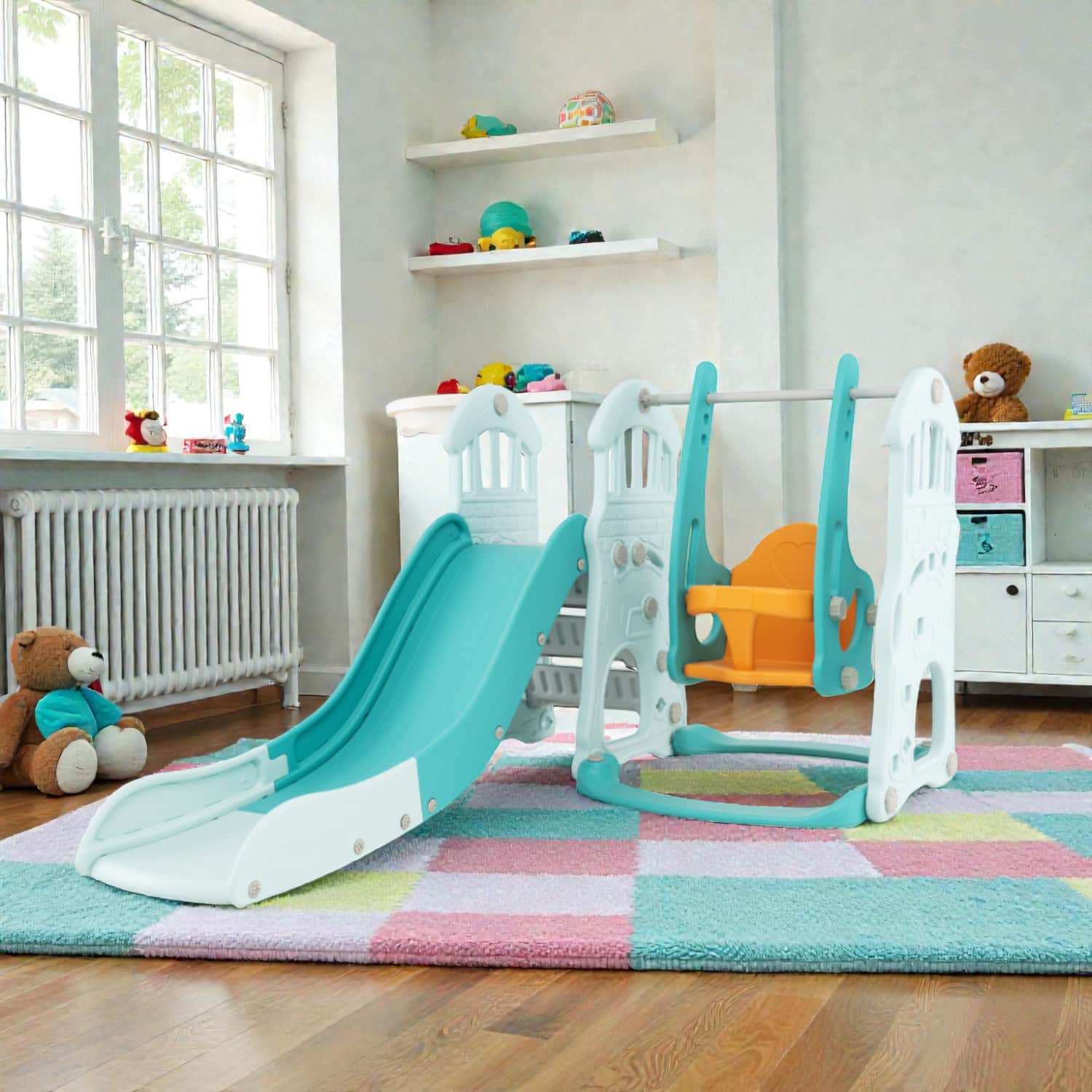 BreeBe - All-in-One Kids Slide & Swing Set Featuring Tall Slide, Height-Adjustable Swing, and Hoop - Green