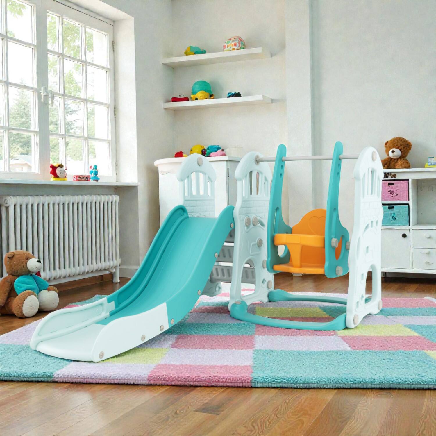 Front. BreeBe - All-in-One Kids Slide & Swing Set Featuring Tall Slide, Height-Adjustable Swing, and Hoop - Green.