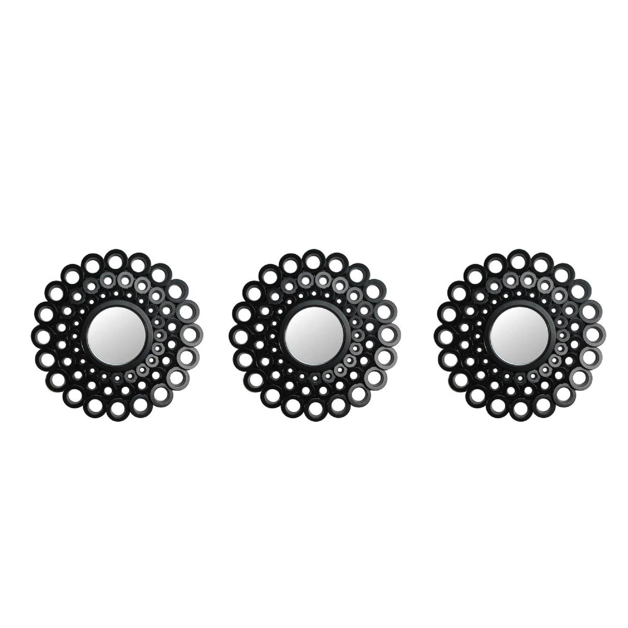 Front. Northlight - Set of 3 Round Black Cascading Angular Orbs Mirrors 9.5" - Black.