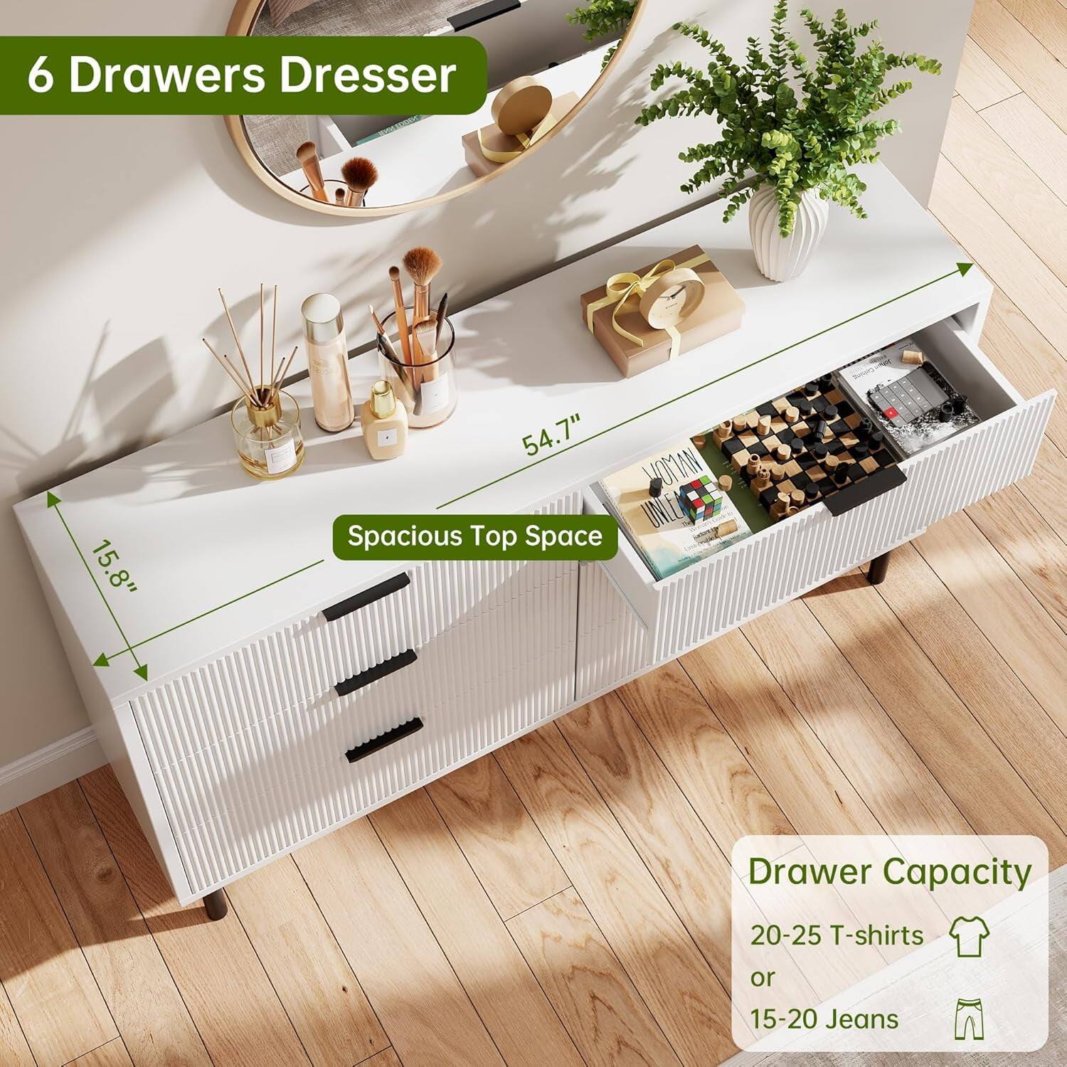 6 Drawers Dresser

Spacious Top Space

Drawer Capacity
20-25 T-shirts or 15-20 Jeans