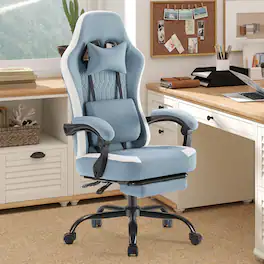 PexFix - Ergonomic Gaming Chair with Pocket Springs, Breathable Fabric, 135° Recline & Sliding Lumbar for Office & Gaming - Blue