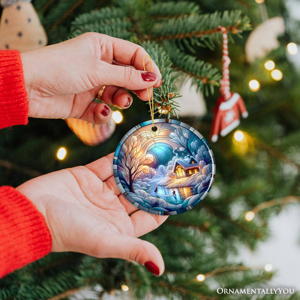 Alt View 1. OrnamentallyYou - Magical Winter Lake Cabin Ceramic Christmas Ornament Stained Glass Theme Tree Decor - Multi-colored.