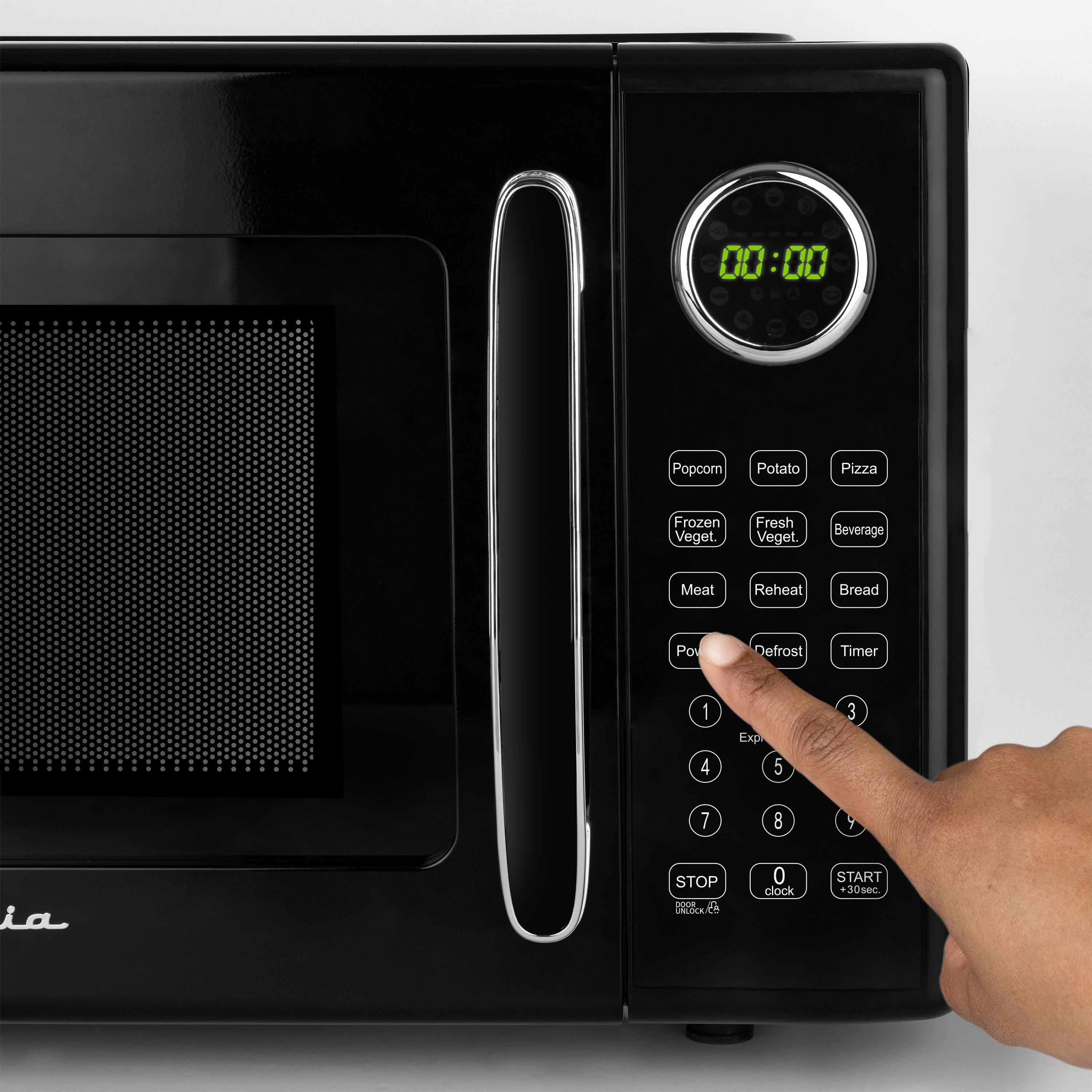 00:00 Popcorn Potato Pizza Frozen Veget Fresh Veget Beverage Meat Reheat Bread Power Defrost Timer 1 4 Exp 5 3 7 8 9  STOP ad NOCK 0 clock START 30sec