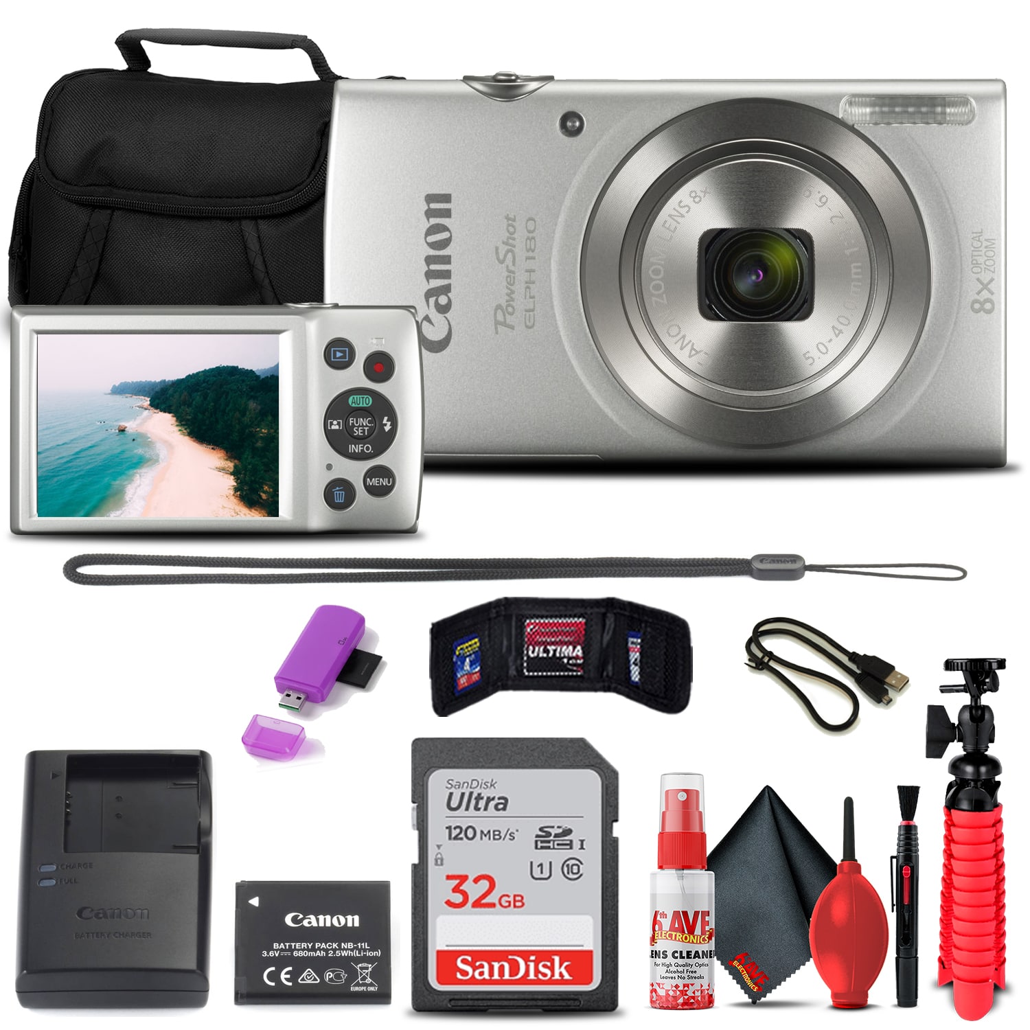Canon - PowerShot ELPH 180 Digital Camera (Silver) + 32GB Card + More Bundle
