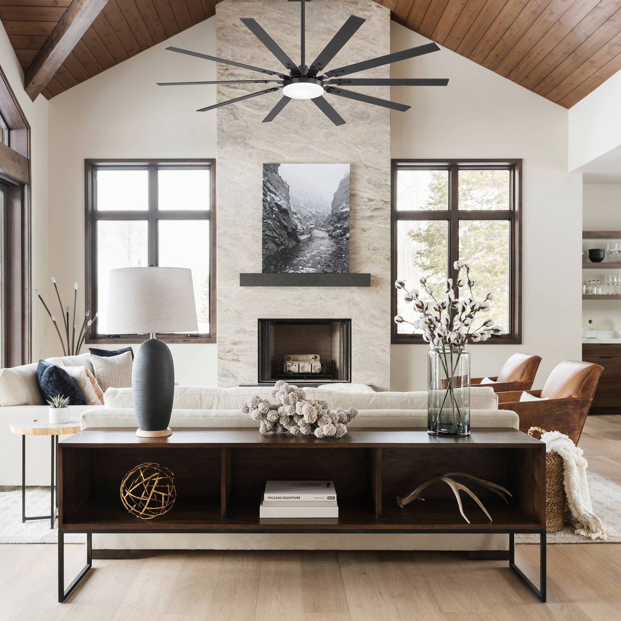 Left. Breezary - 72-Inch 10-Blade LED Ceiling Fan, DC Motor, 3 Color Temperature Options, Remote Control, and Reversible Function - matte black.