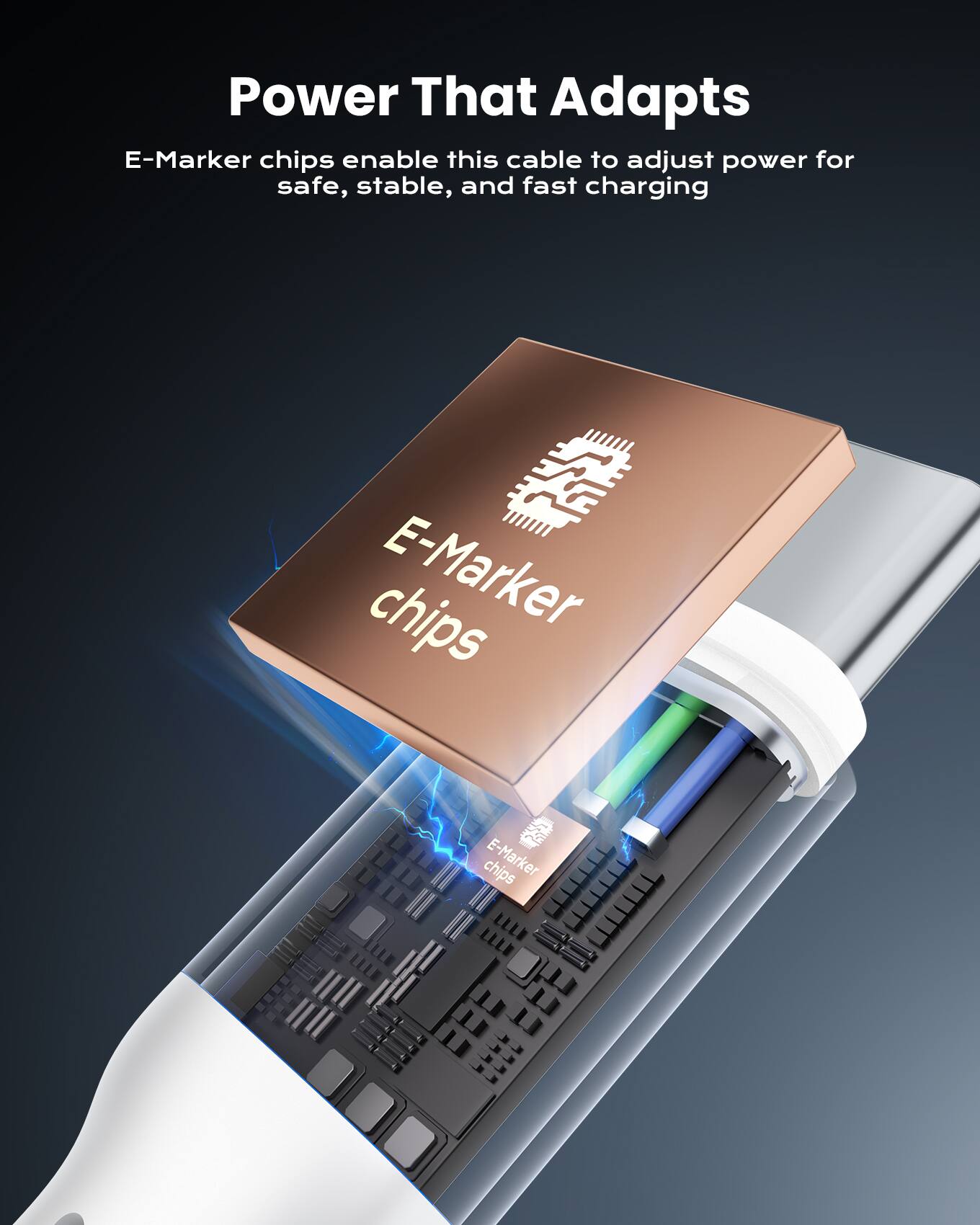 Power That Adapts

E-Marker chips enable this cable to adjust power for safe, stable, and fast charging

E-Marker chips