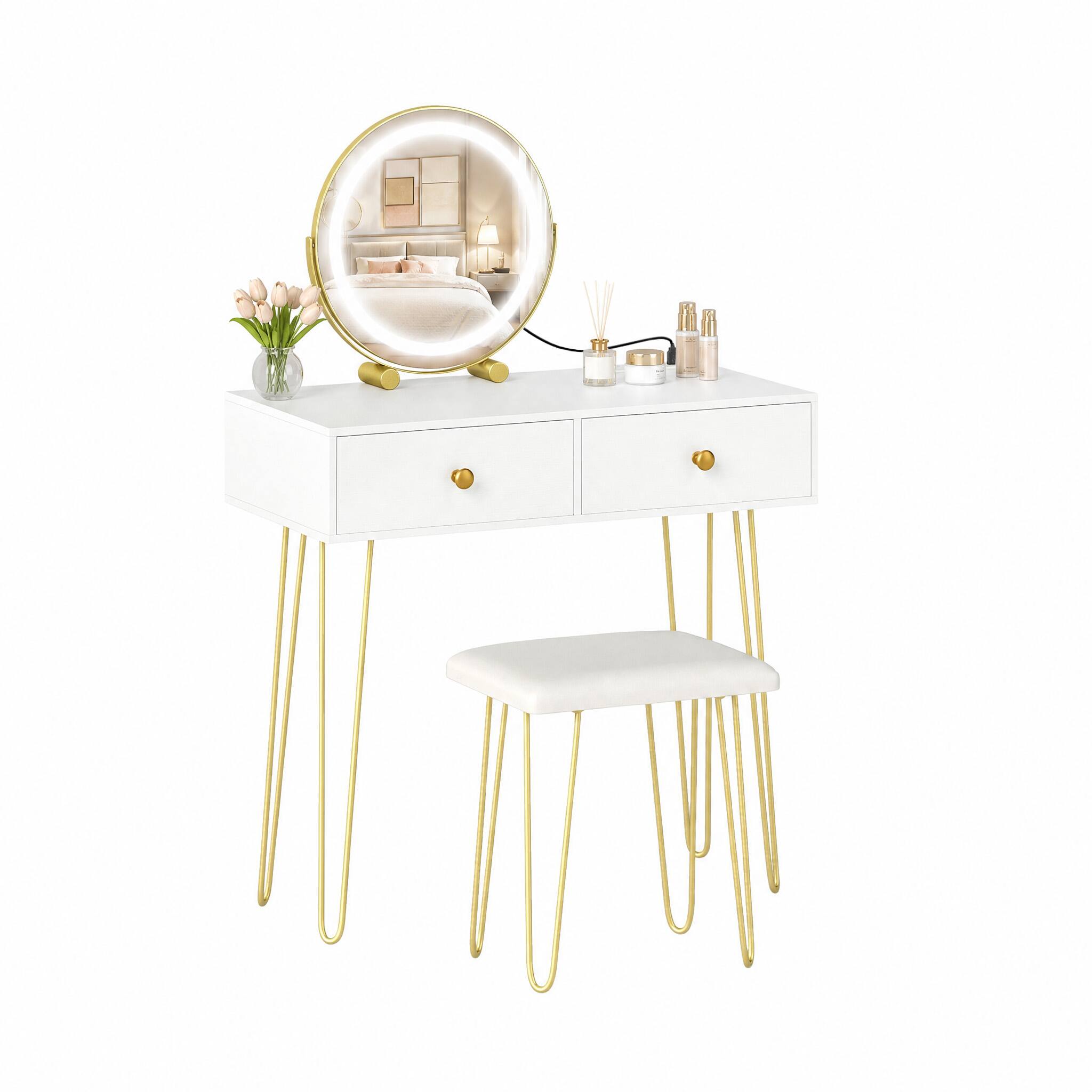 Alt View 5. WELLFOR - Makeup Vanity Desk with LED Lighted Mirror & Charging Station,Vanity Table Set with Stool,Vanity Mirror with Desk - White.