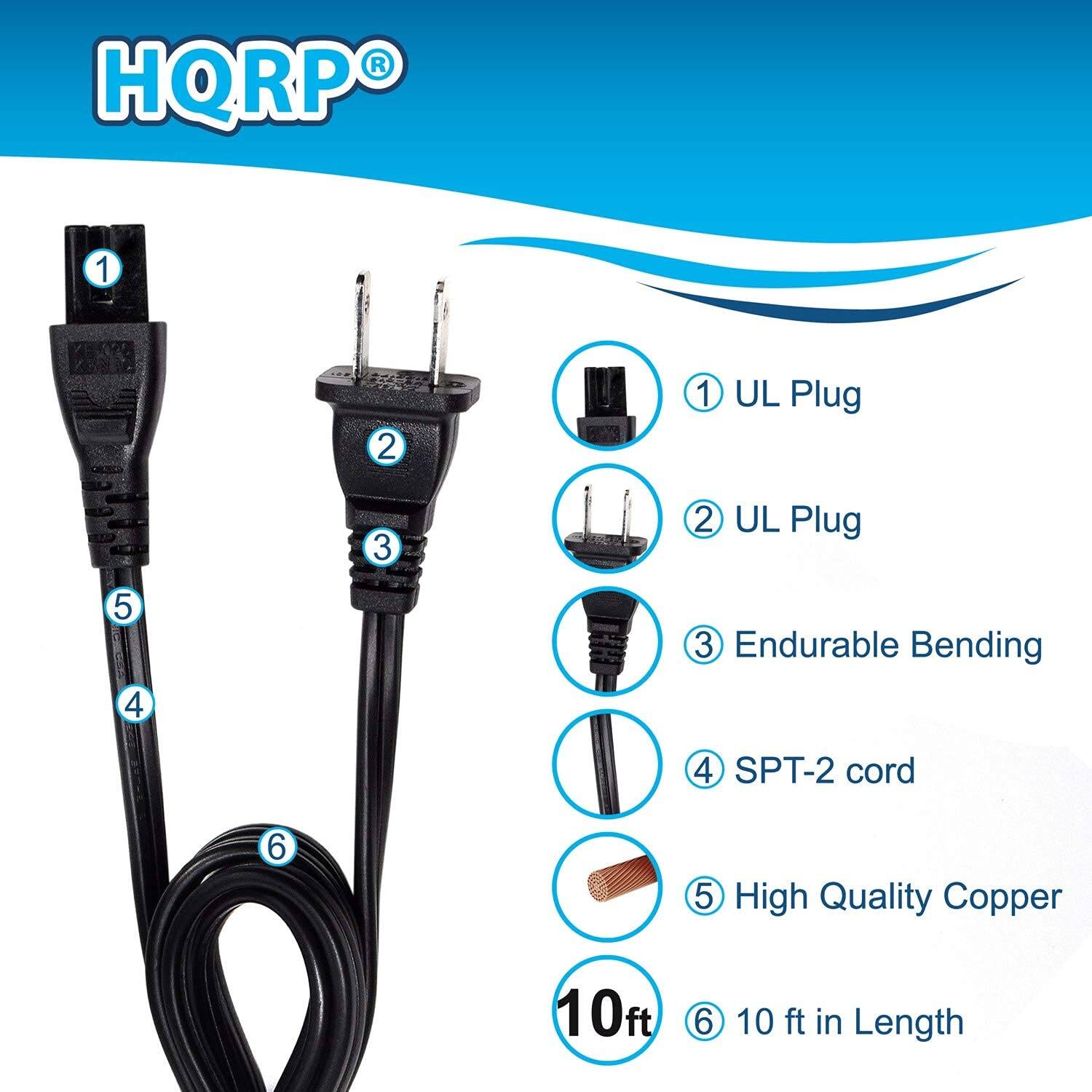 HQRP 10 ft Figure 8 AC Power Cord 18 AWG UL Listed Compatible with