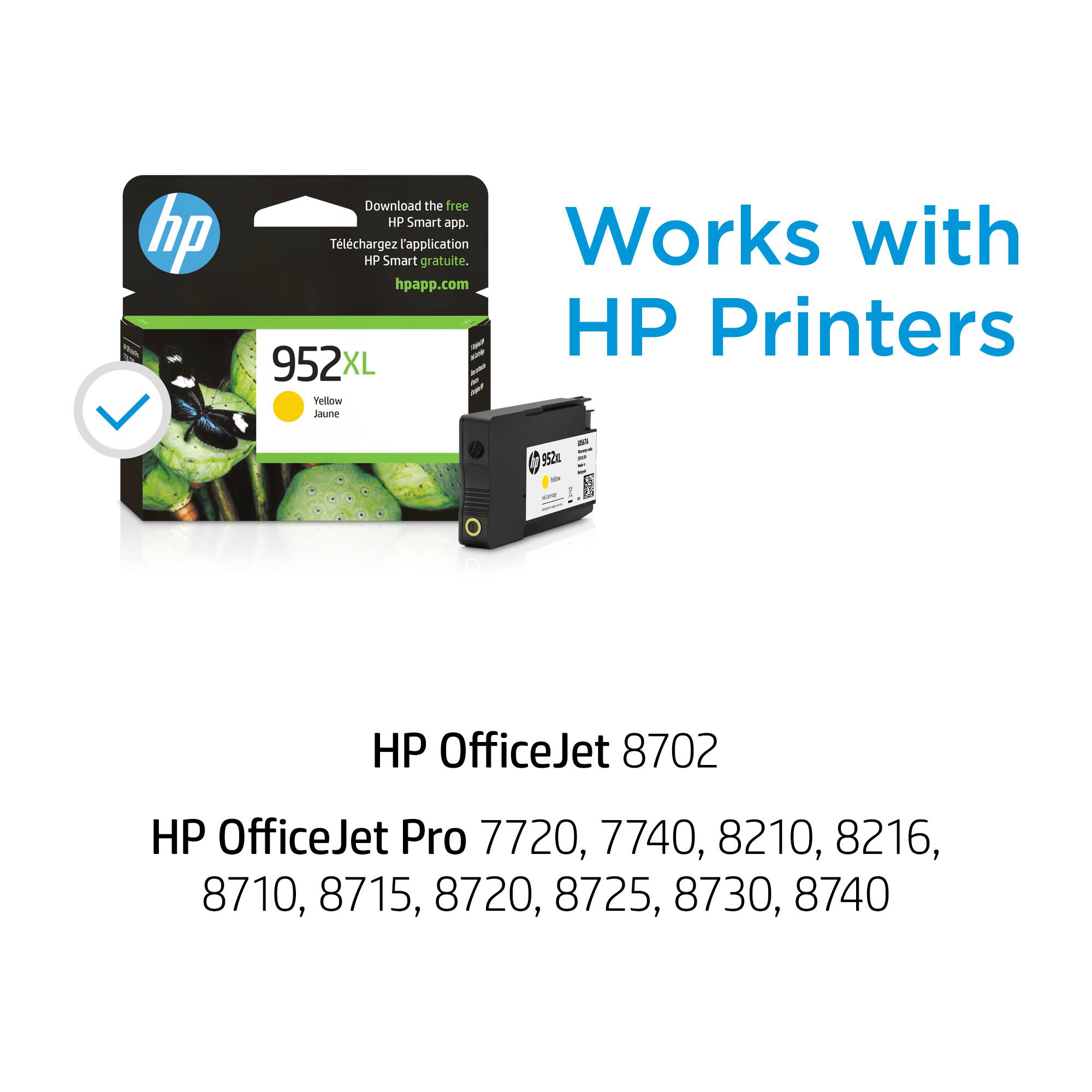 The text on the image is grouped and corrected as follows:
"Works with HP Printers: 952x XL Yellow, 952m B, HP OfficeJet 8702, HP OfficeJet Pro 7720, 7740, 8210, 8216, 8710, 8715, 8720, 8725, 8730, 8740."