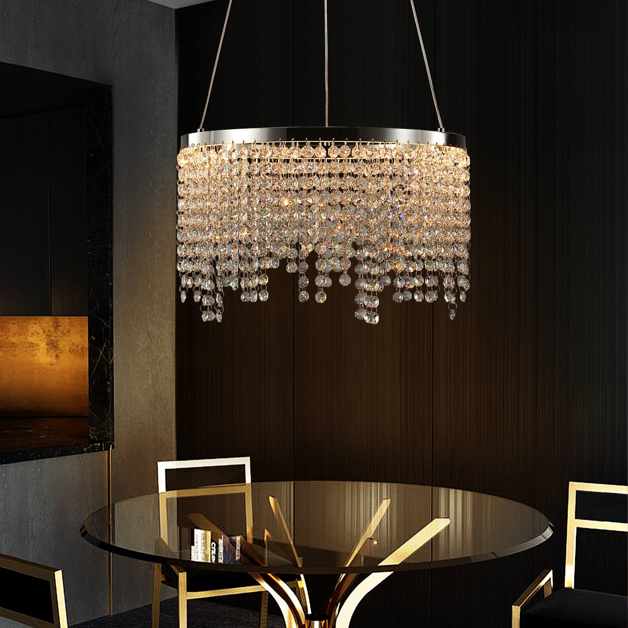 Angle. Tiramisubest - 16-inch Modern Luxury Crystal LED Chandelier - Adjustable Height and Color Temperature (3000K-6000K) - Chrome,Transparent.
