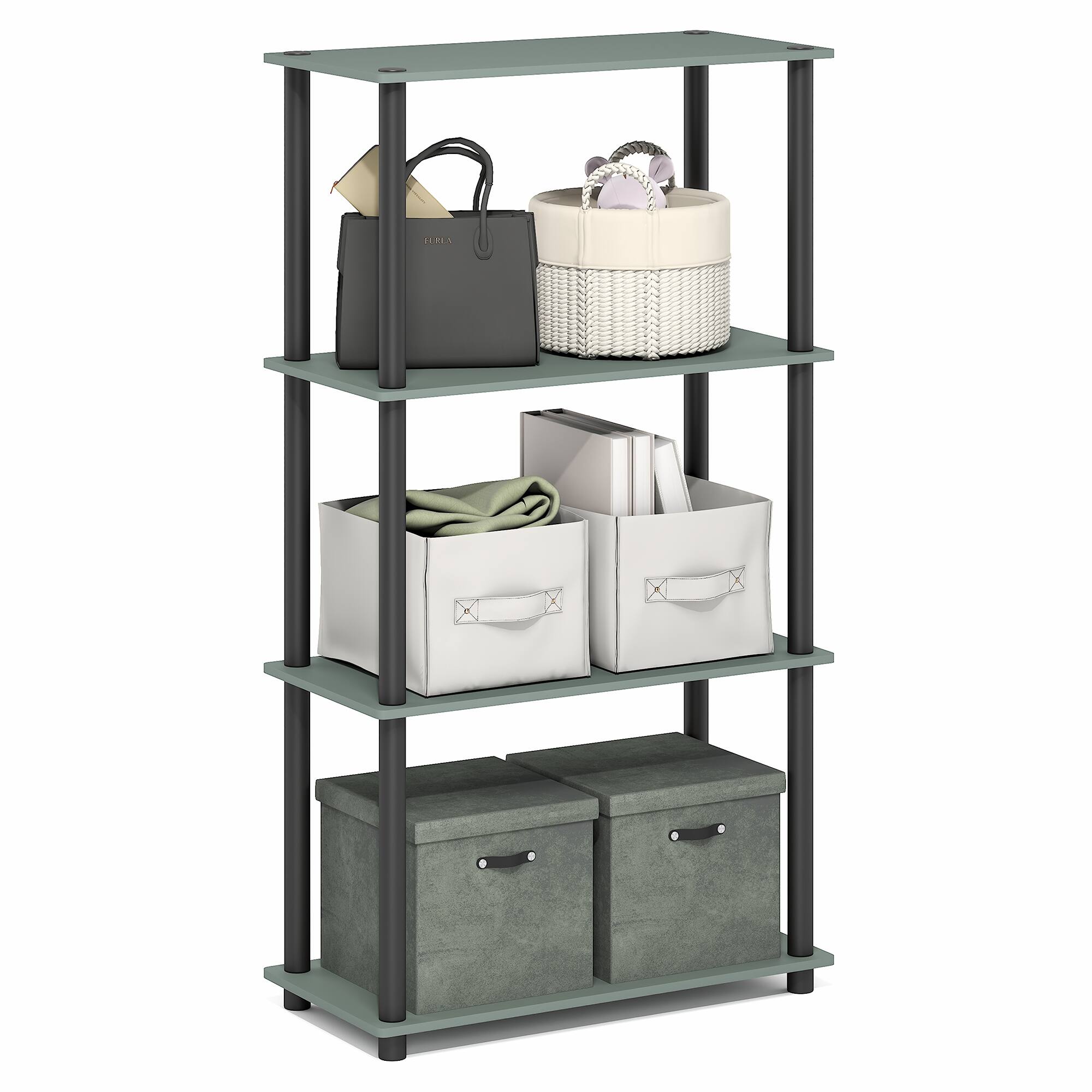 Front. Furinno - TURN-N-TUBE Storage Shelves, 4-Tier Toolless Book Shelf, Corner Shelf, Toolless Open Shelves - Sage Green/Black.