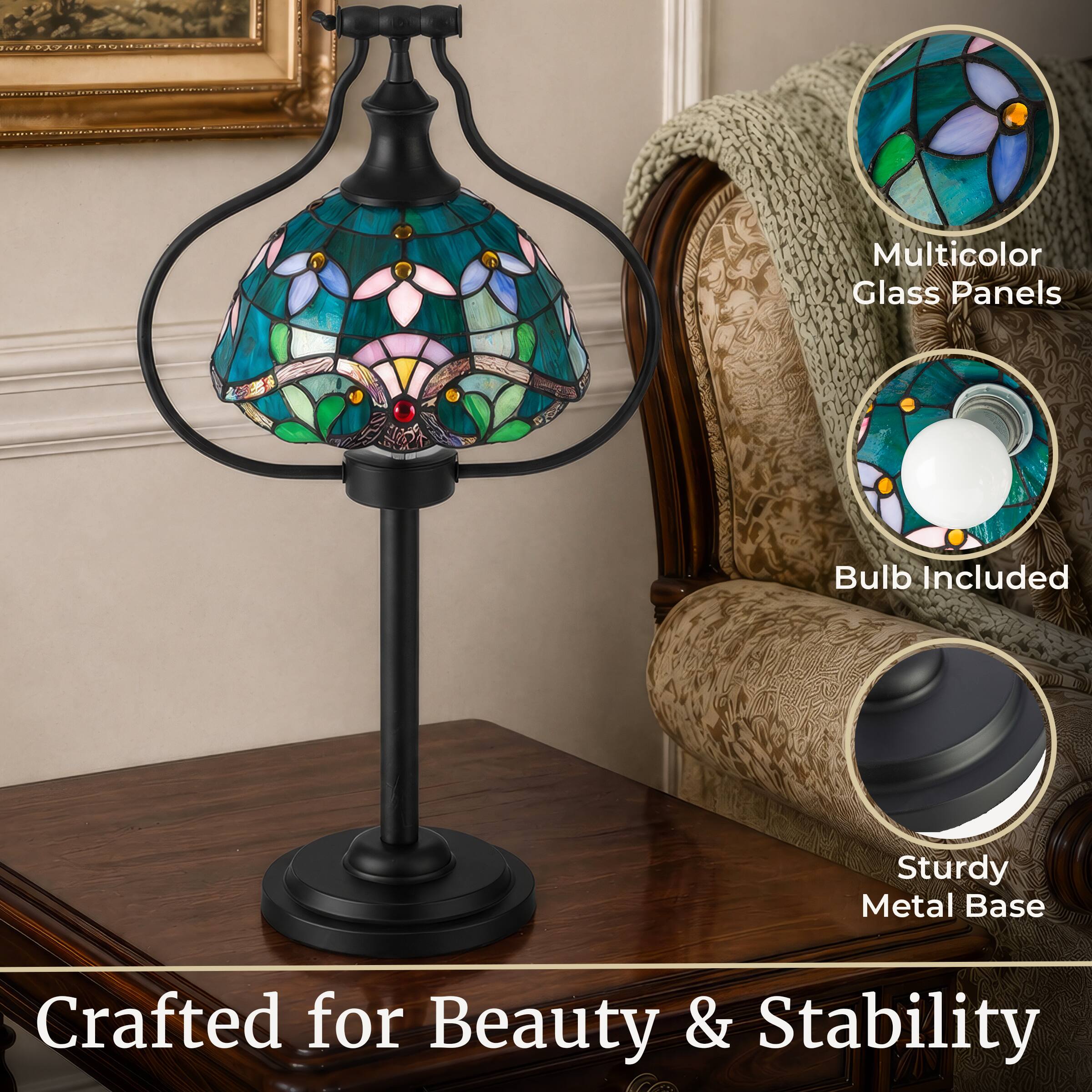 Multicolor Glass Panels  
Bulb Included  
Sturdy Metal Base  
Crafted for Beauty & Stability