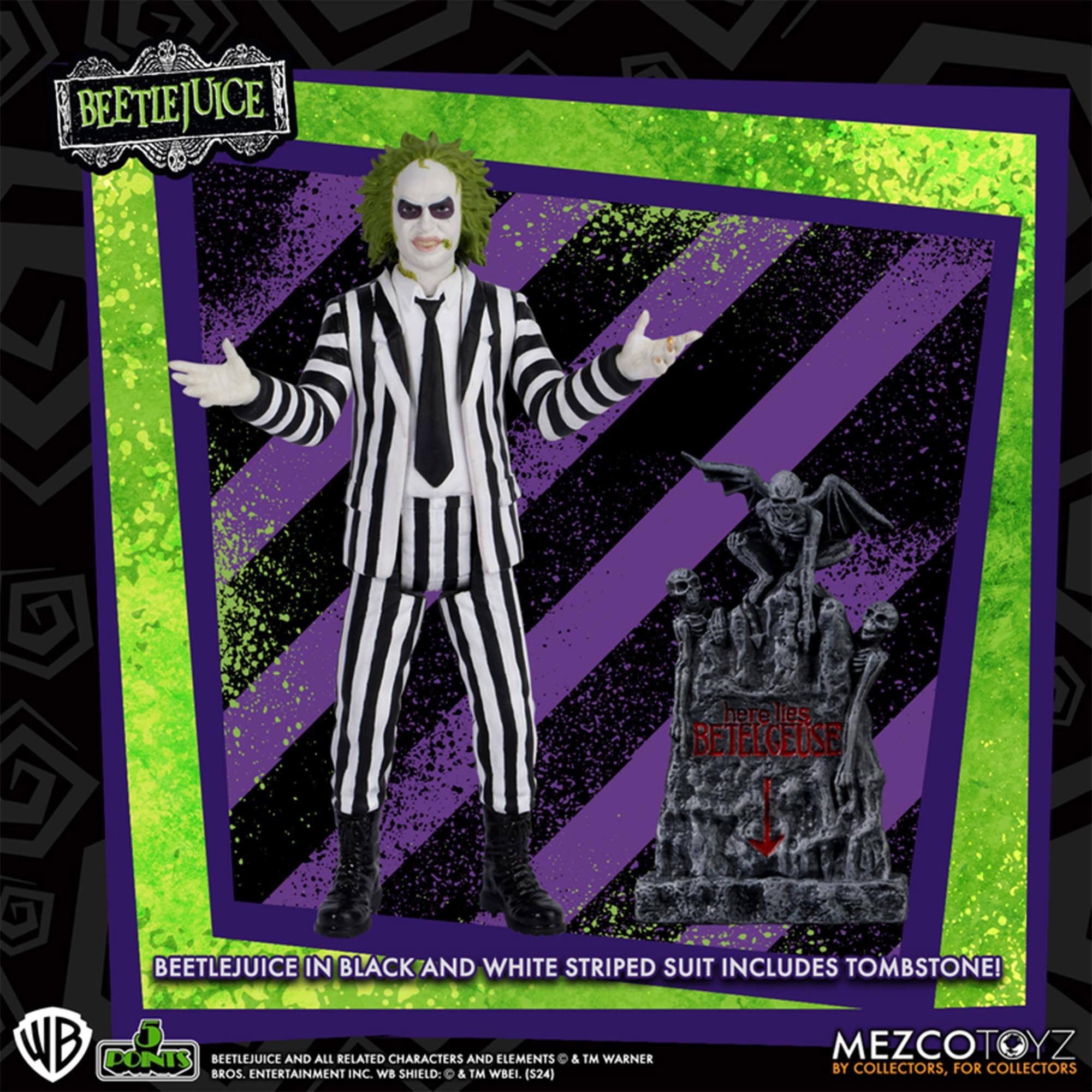BEETLEJUICE here lies BETELGEUSE BEETLEJUICE IN BLACK AND WHITE STRIPED SUIT INCLUDES TOMBSTONE! WB BEETLEJUICE AND ALL RELATED CHARACTERS AND ELEMENTS & TM WARNER MEZCOTOYZ PONTS BY COLLECTORS, FOR COLLECTORS BROS. ENTERTAINMENT INC. WB SHIELD: & TM WBEL ($24)