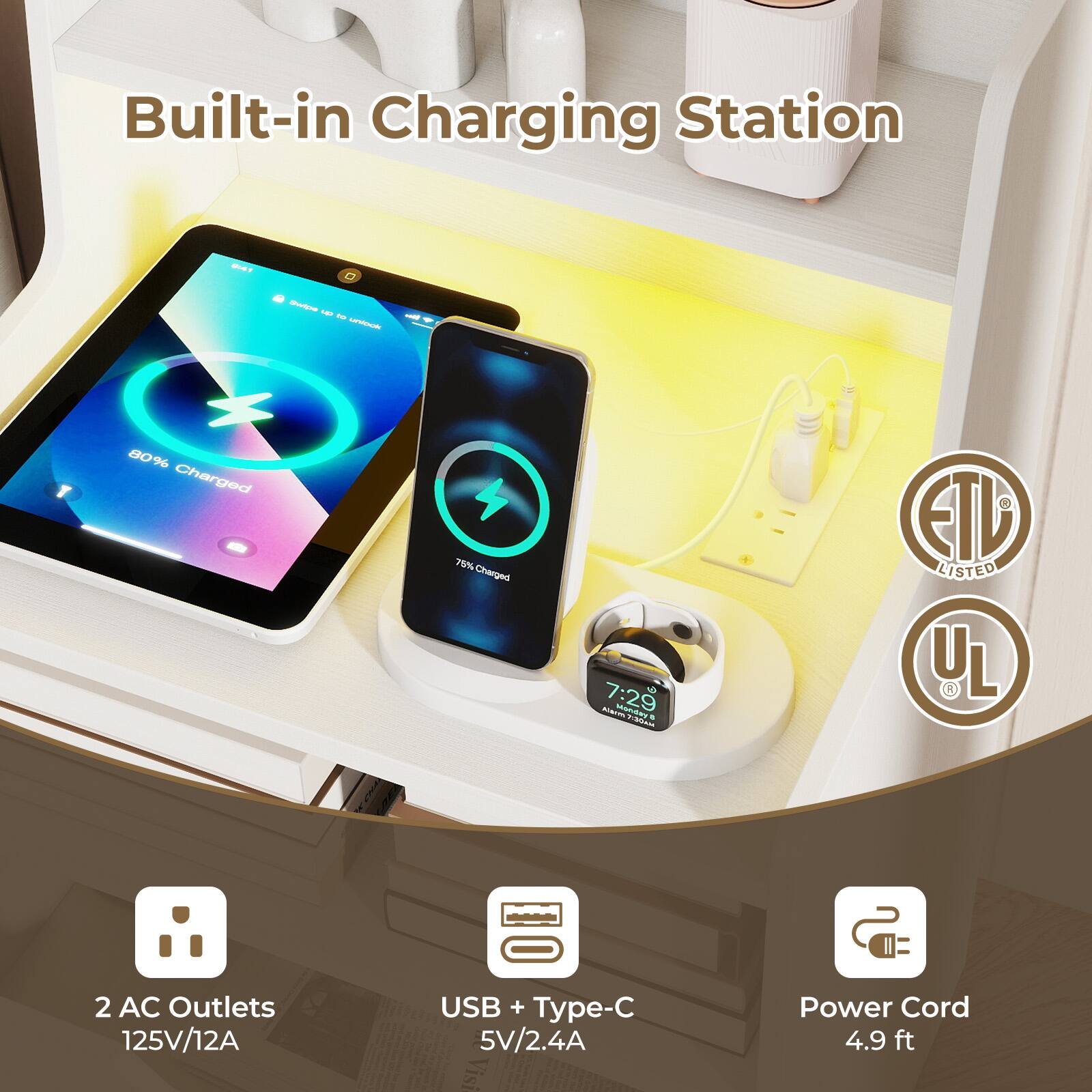 Built-in Charging Station

UNAT
Swipe up to unlook

80% Charged
75% Charged
7:29 Kimm Monday : MADEIT
ETID LISTED UL

2 AC Outlets 125V/12A
USB + Type-C 5V/2.4A
Power Cord 4.9 ft