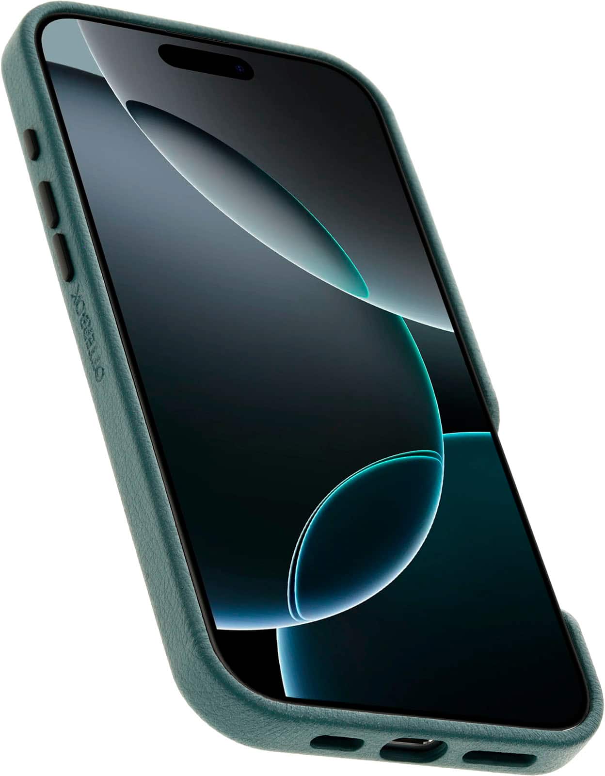 Left. OtterBox - Symmetry Cactus Leather Series Hard Shell for MagSafe for Apple iPhone 16 Pro Max - Juniper Sprig.