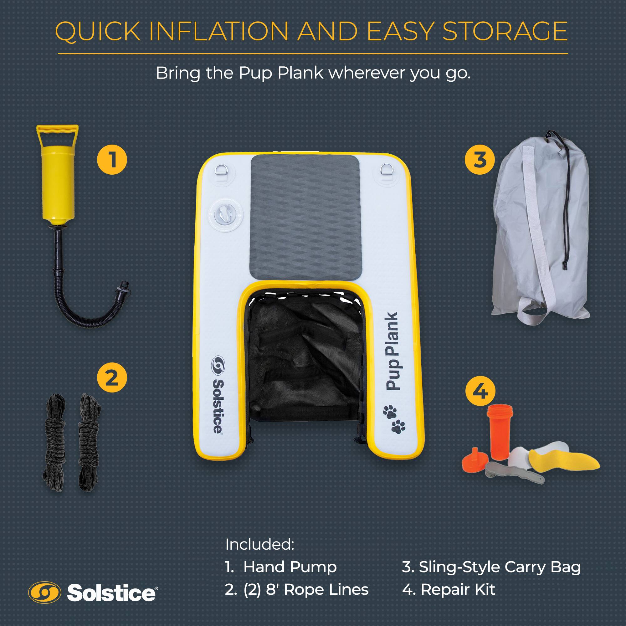 QUICK INFLATION AND EASY STORAGE  
Bring the Pup Plank wherever you go.

1. Hand Pump  
2. (2) 8' Rope Lines  
3. Sling-Style Carry Bag  
4. Repair Kit  

Included:  
1. Hand Pump  
2. (2) 8' Rope Lines  
3. Sling-Style Carry Bag  
4. Repair Kit  

Solstice