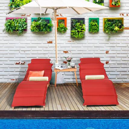 Front. Gymax - Gymax 3 PCS Folding Eucalyptus Lounge Chair & Table Set w/ Double-sided Cushion - Red.