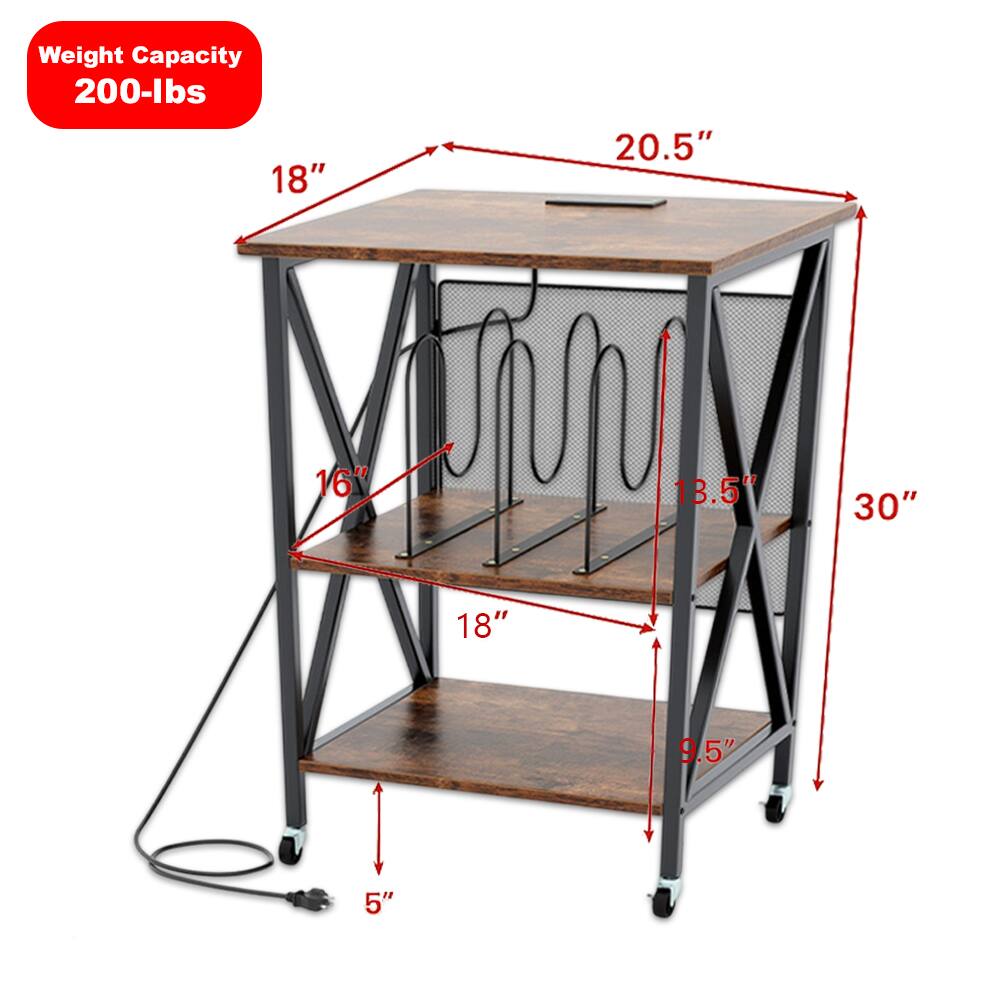 Weight Capacity: 200-lbs

Dimensions:
- Length: 20.5"
- Width: 18"
- Height: 30"
- Shelf 1: 18" x 16"
- Shelf 2: 18" x 13.5"
- Depth: 9.5"
- Overall Height: 5"