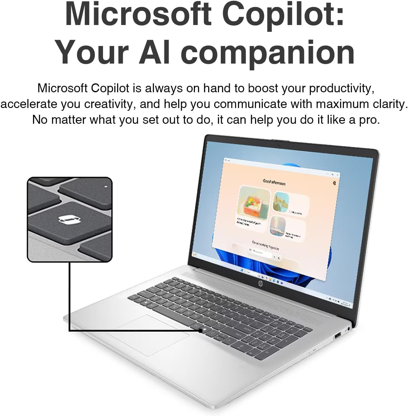 Microsoft Copilot: Your AI companion

Microsoft Copilot is always on hand to boost your productivity, accelerate your creativity, and help you communicate with maximum clarity. No matter what you set out to do, it can help you do it like a pro.