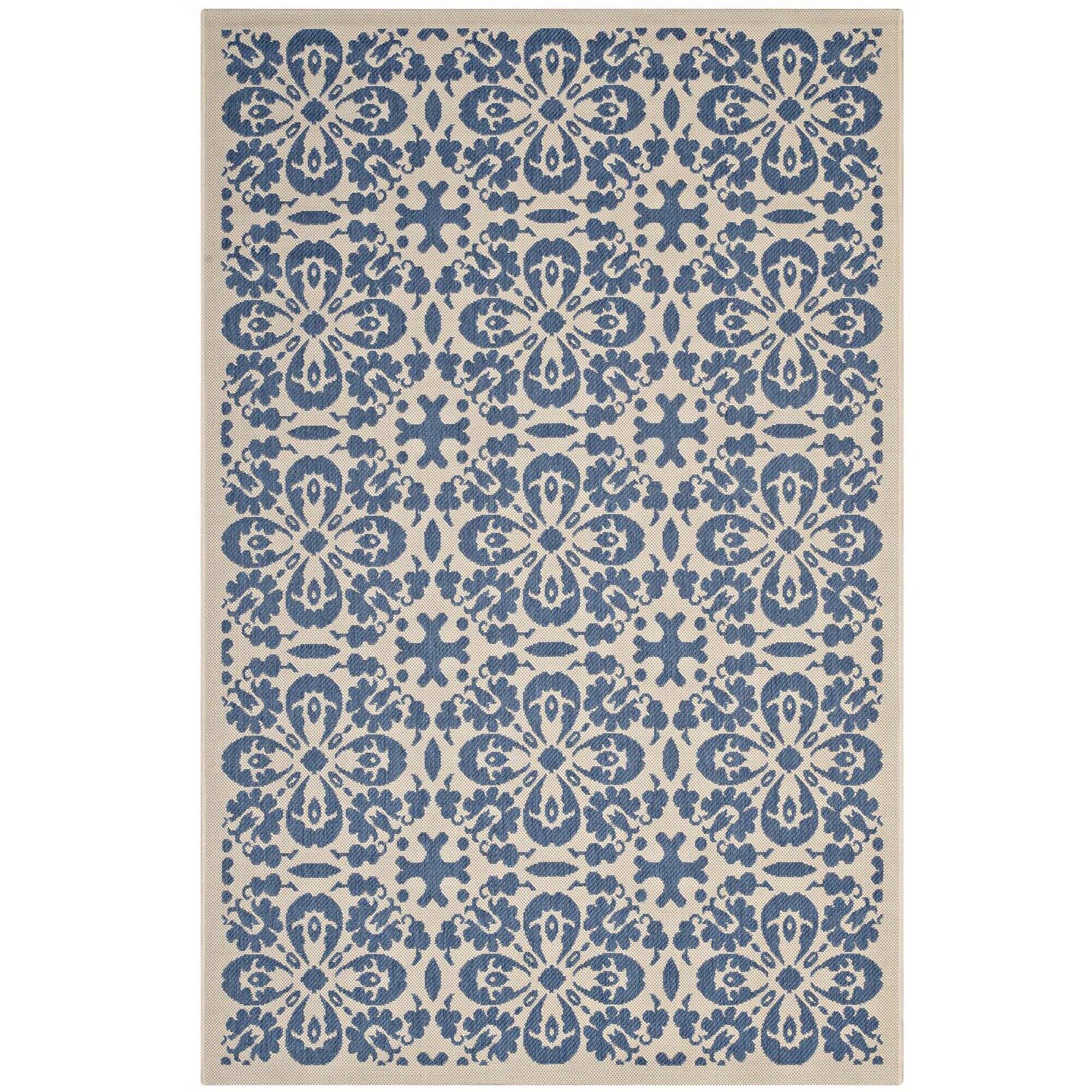 Angle. Modway - Ariana Vintage Floral Trellis Indoor and Outdoor Area Rug - Blue and Beige.
