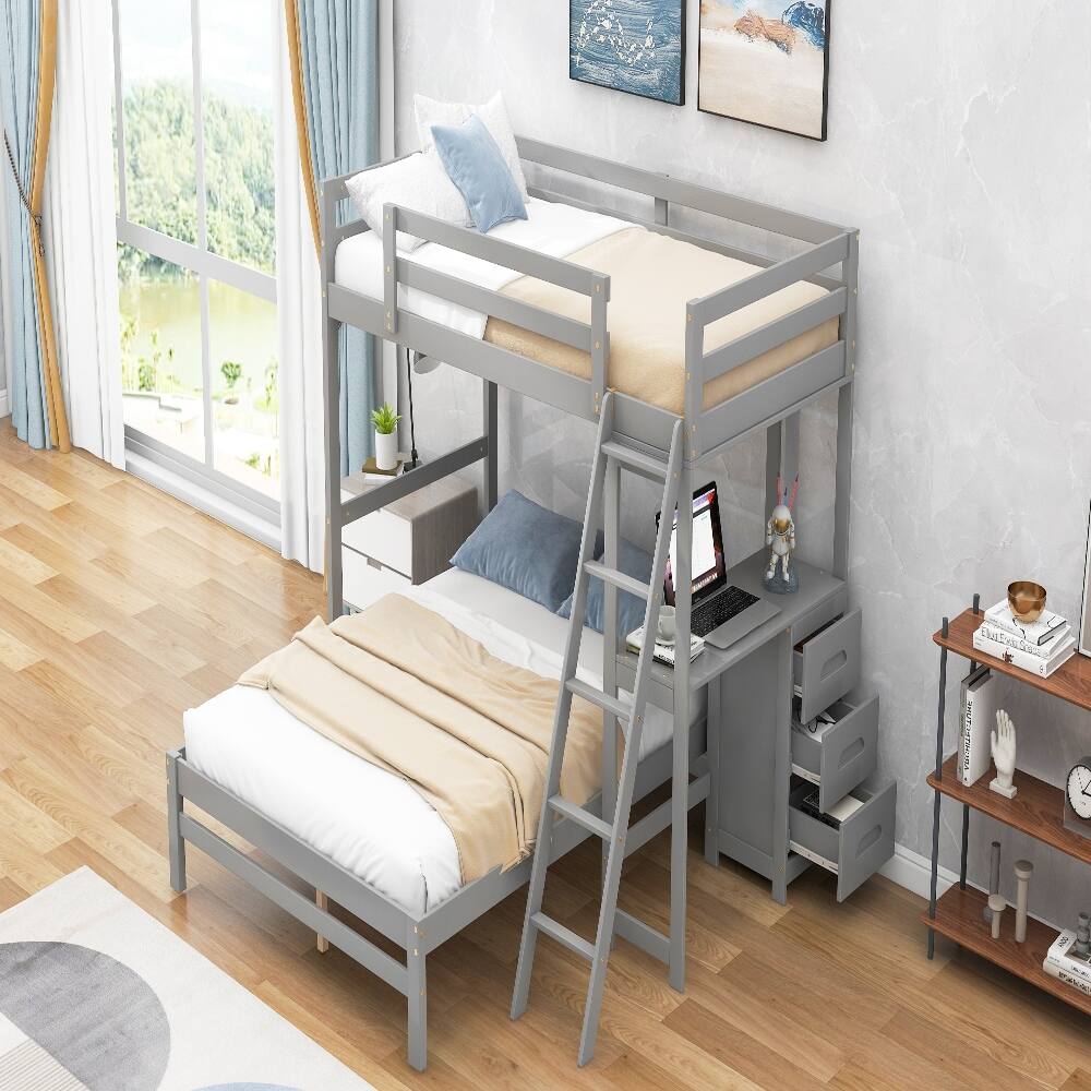 Back. Loheer - Loheer Twin Over Full Bunk Bed with Desk and Drawers Grey - Grey.