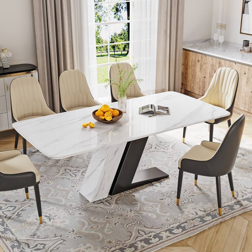 Left. POVISON - 71"Modern Glossy White Sintered Stone Rectangular Dining Table for 4-6, White & Black Z-shaped Stainless Steel Base - White & Black.