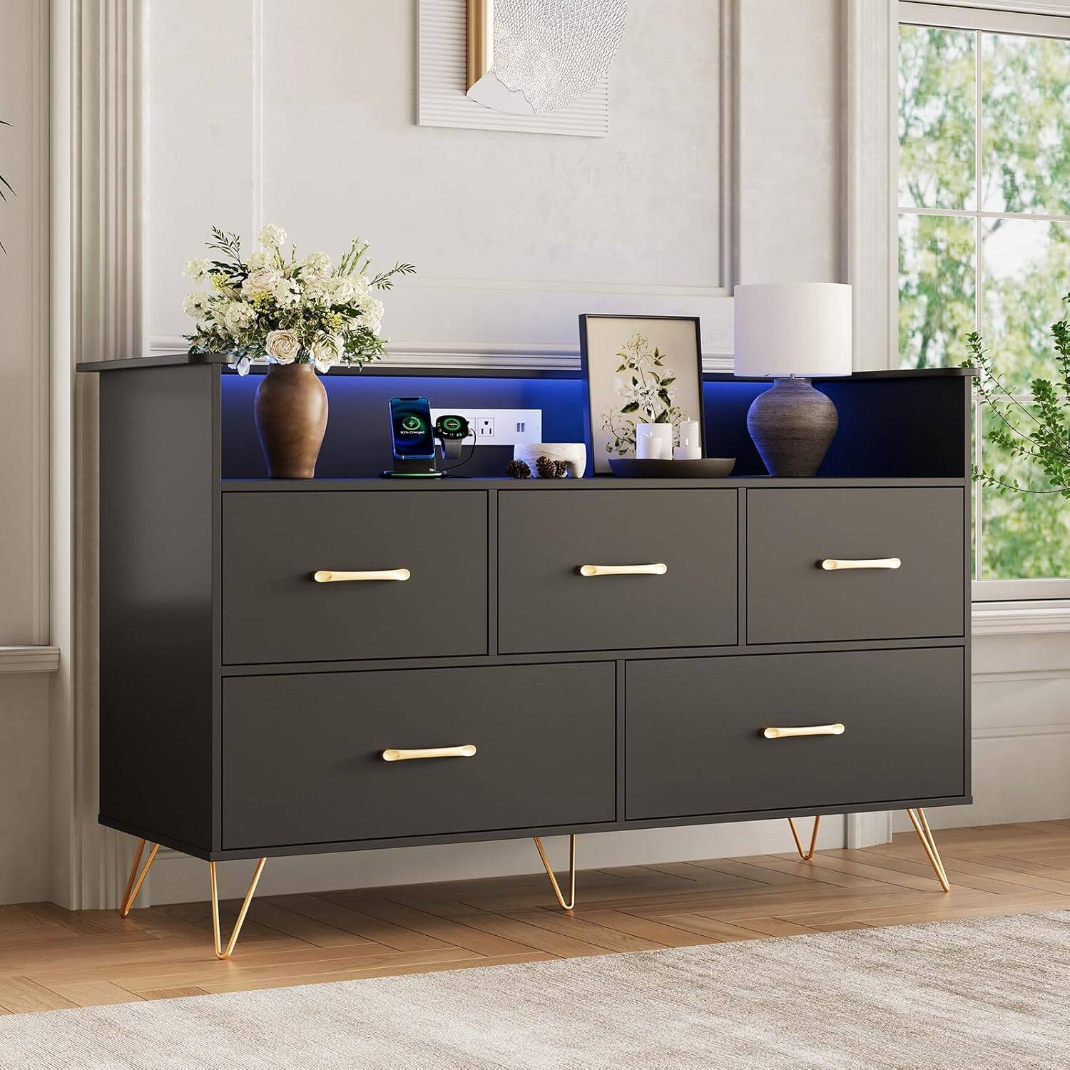 Front. Babevy - 5 Drawer Dresser for Bedroom, 47 in Modern Wooden Dresser with Charging Station, Wide Chest, Black - Black.