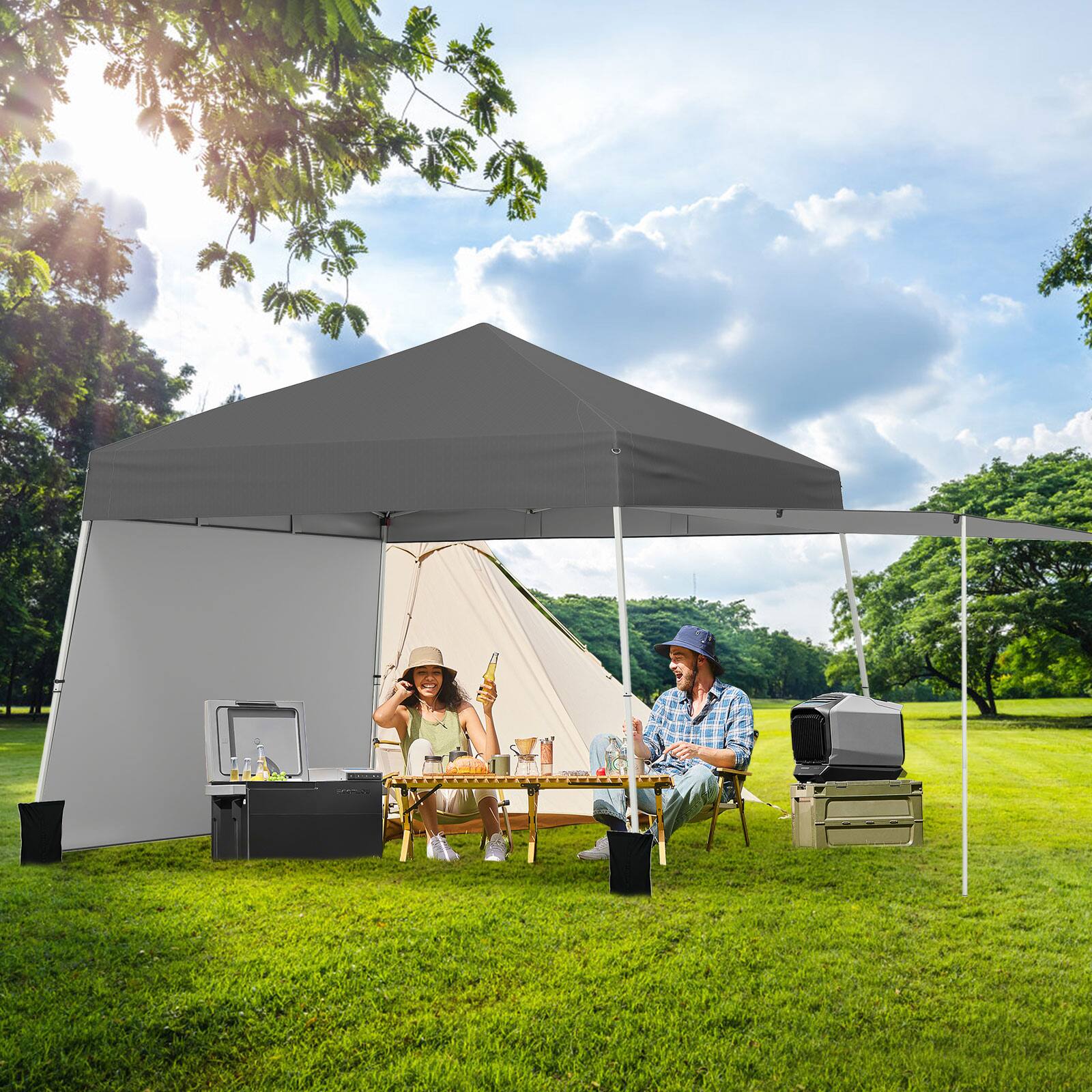 Alt View 3. Gymax - Gymax 14 X 9.2 FT Pop up Canopy Tent w/ 2 Convertible Sidewalls to Awning & Stakes Gray - Blue.