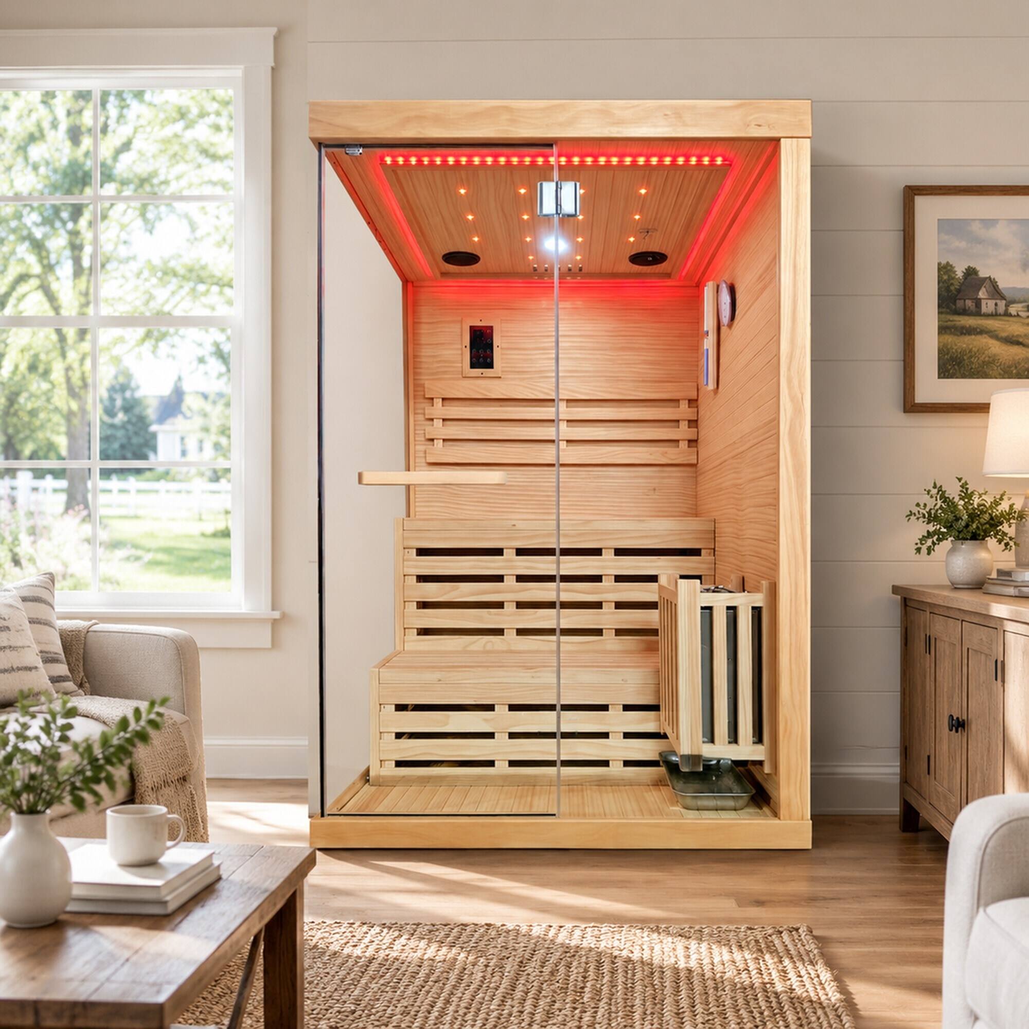Back. RYHNUYNE - 2 Person Sauna, 3000W Metal Heater, Chilean Pine Wood, Home Spa, 1200 x 1200 x 1900 mm - Ameican White Oak.