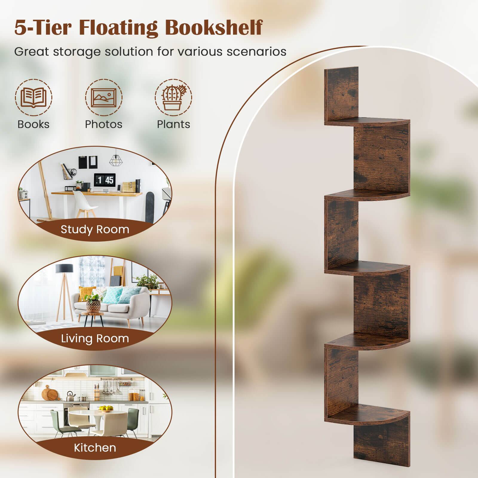 5-Tier Floating Bookshelf: Great storage solution for various scenarios. Books, Photos, Plants.