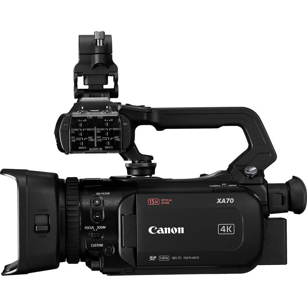 Canon XA70

4K

15x Optical Zoom

Wi-Fi Infrared

MP4

CAMERA OFF MEDIA

CH1 CH2

A-M A-M

INTERCOM INPUT

MIC MIC

MIC LINE MIC LINE

INPUT1 AUDIO IN

INPUT2

ND FILTER

CLOSED OPEN

FOCUS ZOOM

CUSTOM

Canon