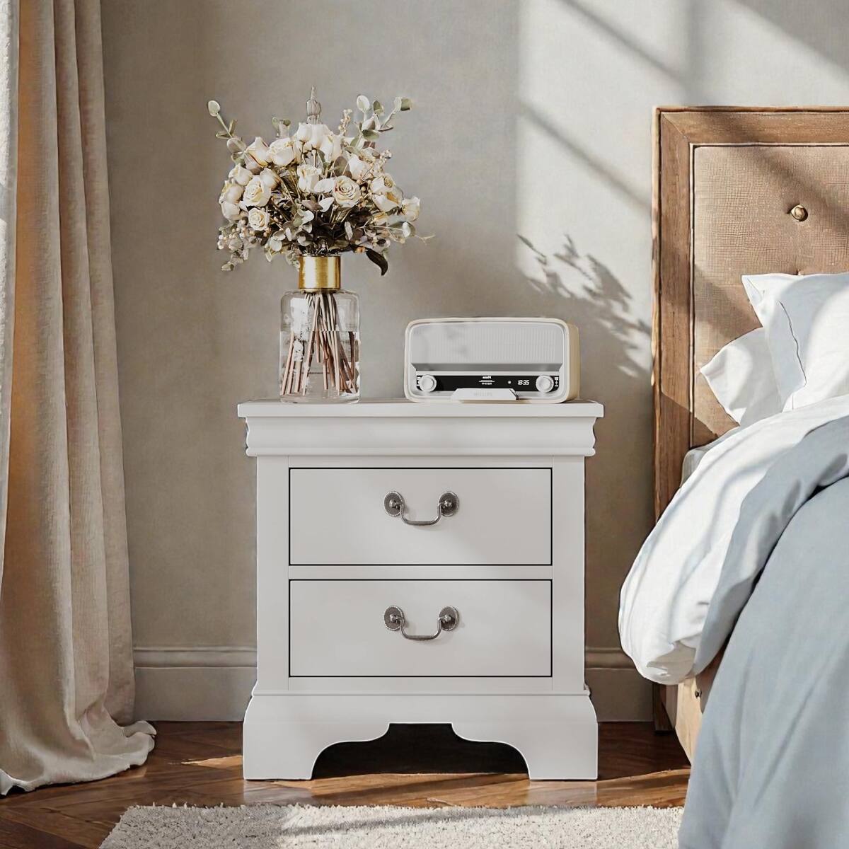 Angle. Loheer - Loheer White Wooden Nightstand, Two Drawers, Classic Style - White.