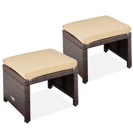 Best Choice Products - Set of 2 Multipurpose Patio Wicker Ottomans w/ Removable Cushions - Brown/Tan