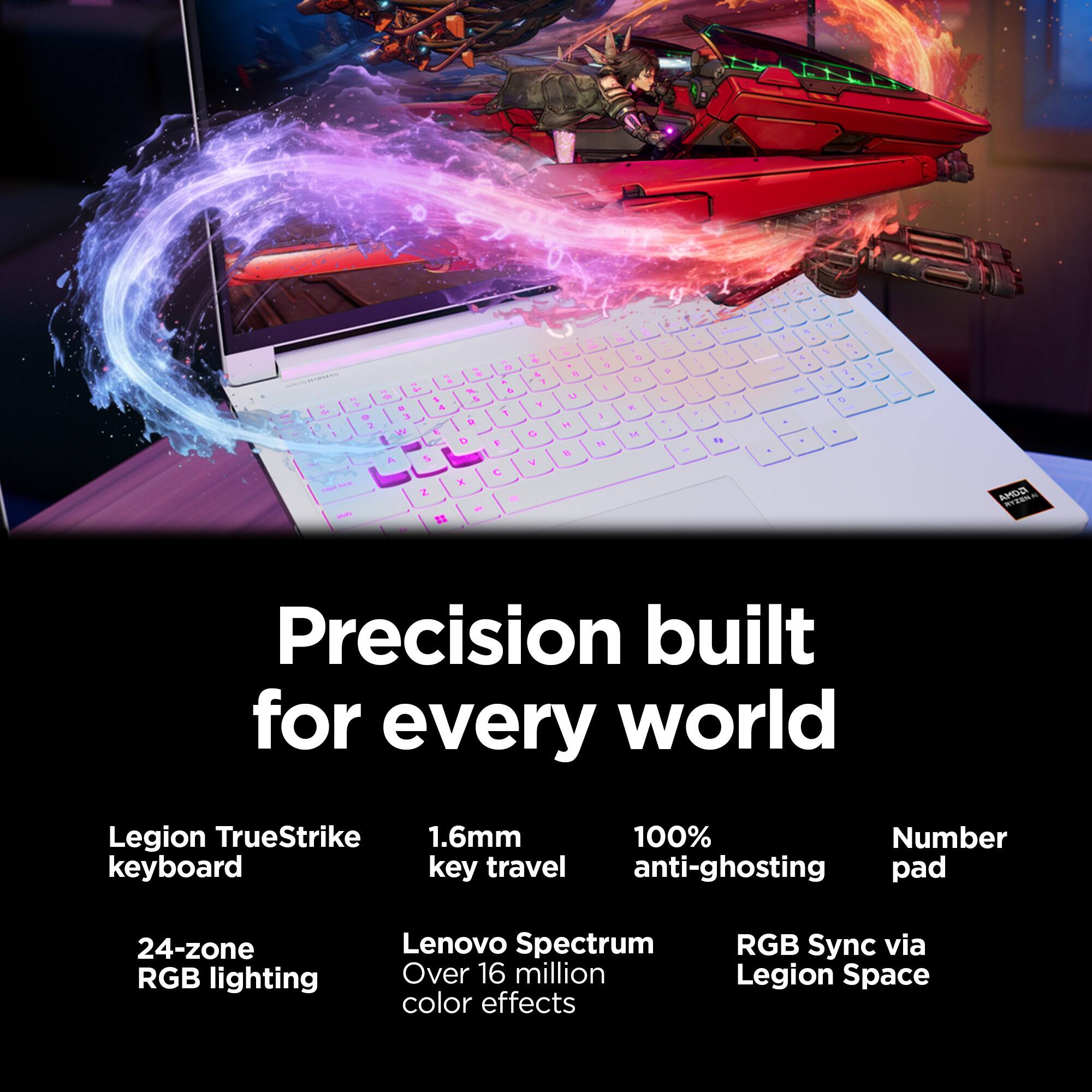 Precision built for every world

Legion TrueStrike keyboard
1.6mm key travel
24-zone RGB lighting
Lenovo Spectrum Over 16 million color effects
100% anti-ghosting
Number pad
RGB Sync via Legion Space