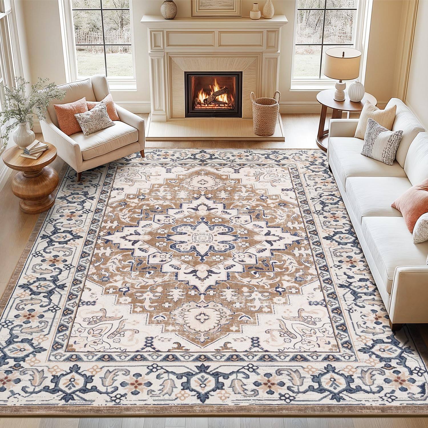 Stylel Star - 5x7 Area Rugs Living Room Washable Rug Bedroom Kitchen Vintage Boho Carpet Soft Non Slip Low Pile Large Office Dining - Floral Brown