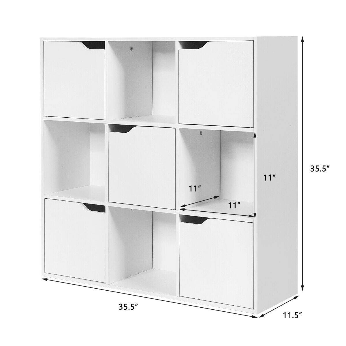 The text on the image reads: 11" 11" 35.5" 11" 35.5" 11.5". This indicates that the shelf is 11 inches in height and width, with a total height of 35.5 inches.