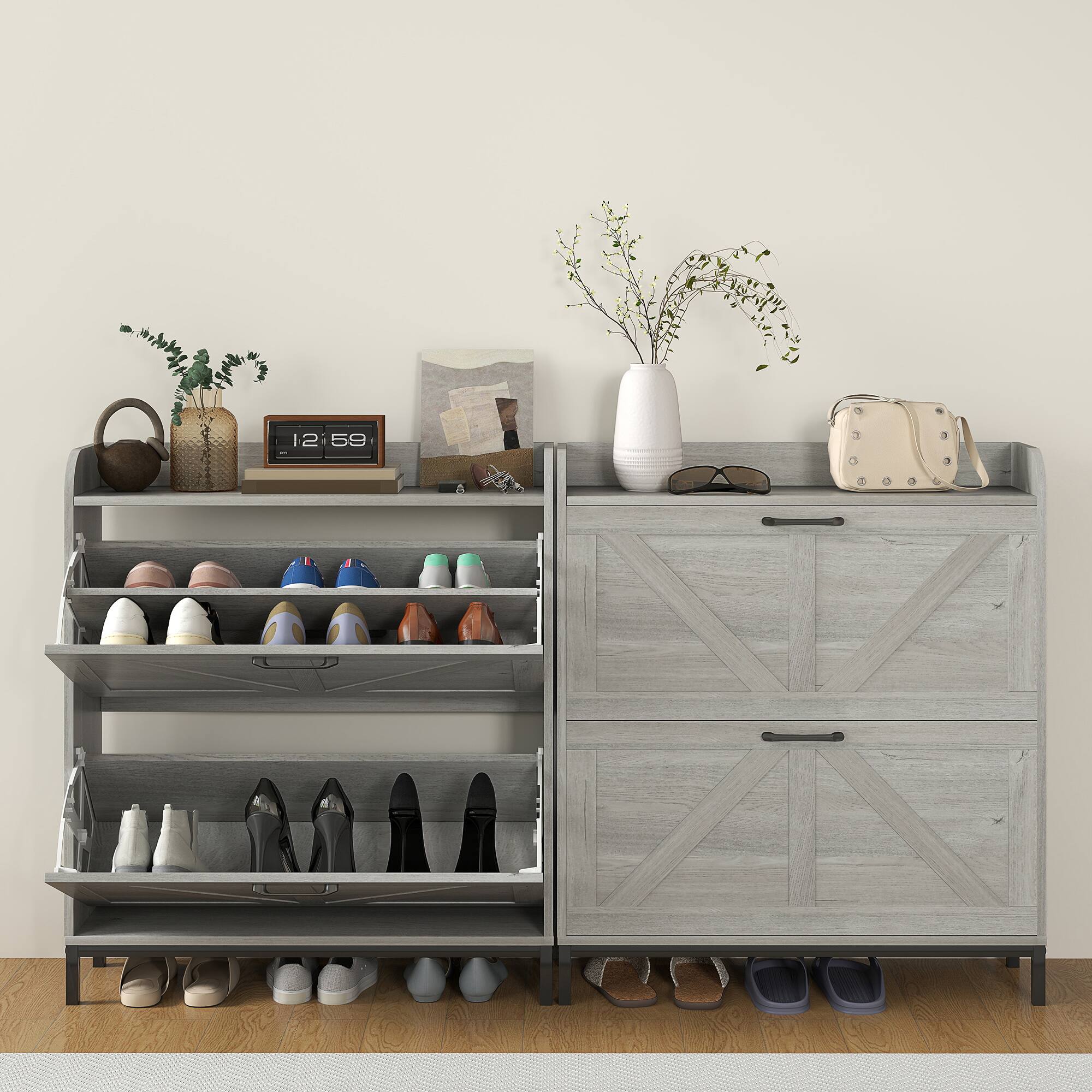 Alt View 7. Homcom - Shoe Storage Cabinet with 2 Flip Drawers, Freestanding Narrow Farmhouse Style for Entryway​ - Light Gray.