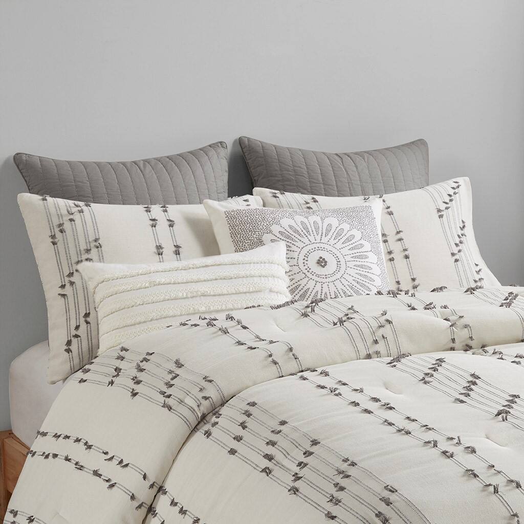 Alt View 1. Gracie Mills - Gracie Mills Trujillo 3-Piece Embroidered Stripes Cotton Jacquard Comforter Set - Ivory.