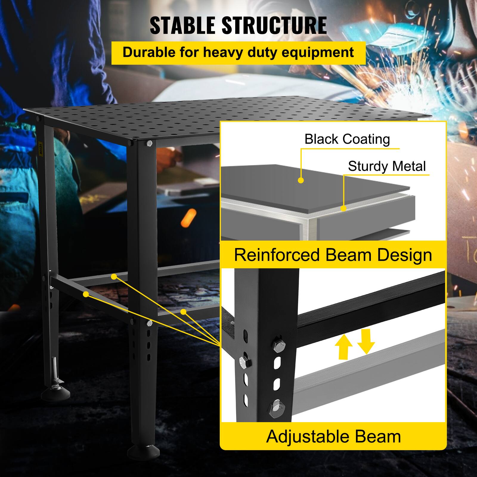 STABLE STRUCTURE  
Durable for heavy duty equipment  

- Black Coating  
- Sturdy Metal  
- Reinforced Beam Design  
- Adjustable Beam