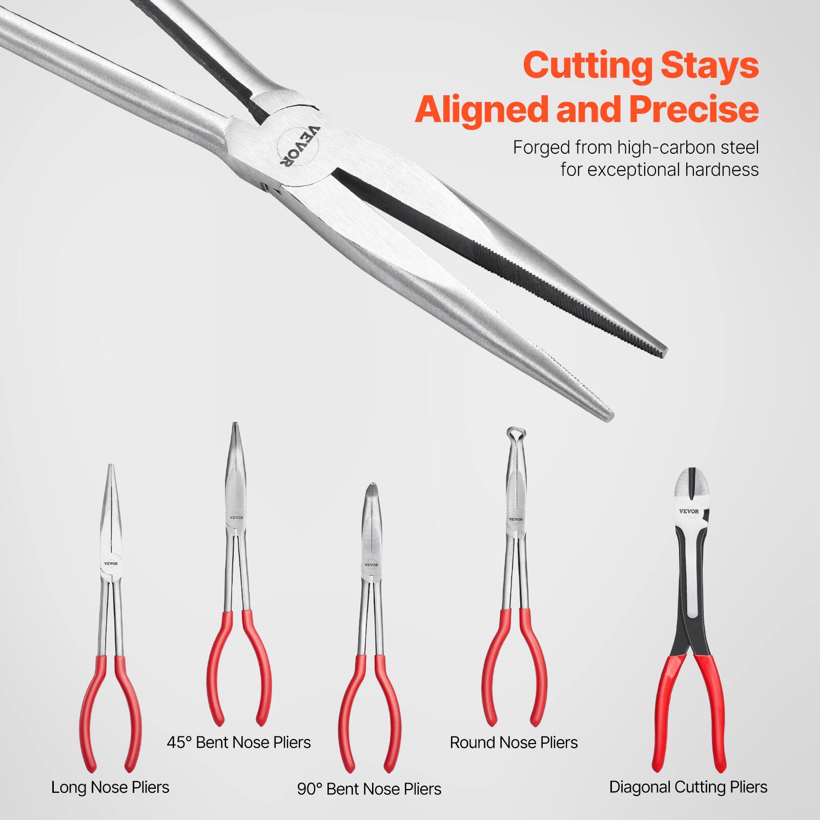 Cutting Stays Aligned and Precise  
Forged from high-carbon steel for exceptional hardness  

- Long Nose Pliers  
- 45° Bent Nose Pliers  
- 90° Bent Nose Pliers  
- Round Nose Pliers  
- Diagonal Cutting Pliers