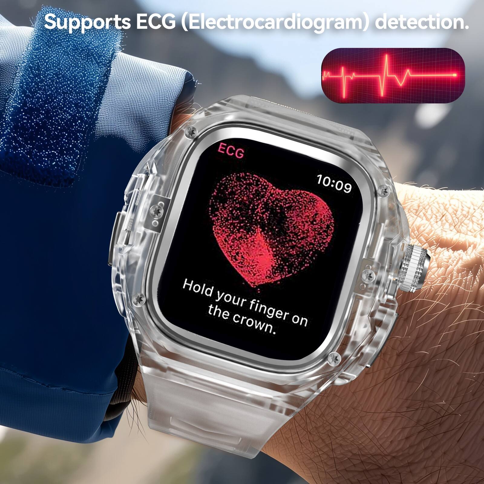 Supports ECG (Electrocardiogram) detection. ECG 10:09 Hold your finger on the crown.