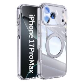 Dteck - Magnetic Clear Phone Case for Apple iPhone 17 Pro Max with Metal Rotating Stand,Shockproof PC+TPU Slim Transparent Cover - White