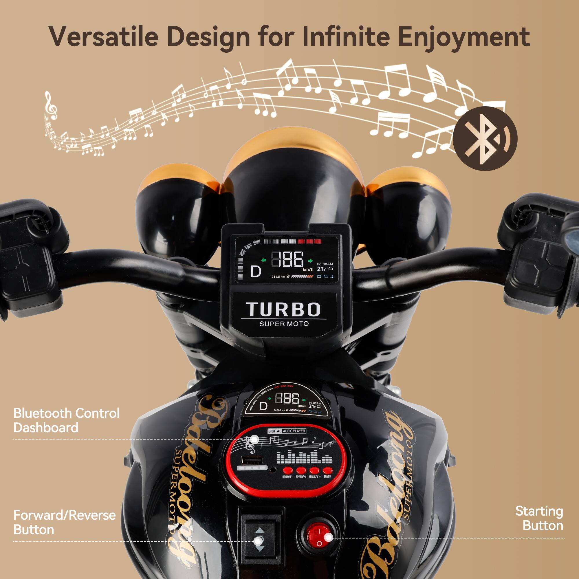 Versatile Design for Infinite Enjoyment

- Bluetooth Control Dashboard
- Forward/Reverse Button
- Starting Button

TURBO SUPERMOTO

88.6 km/h
21°C
1725 W
100%