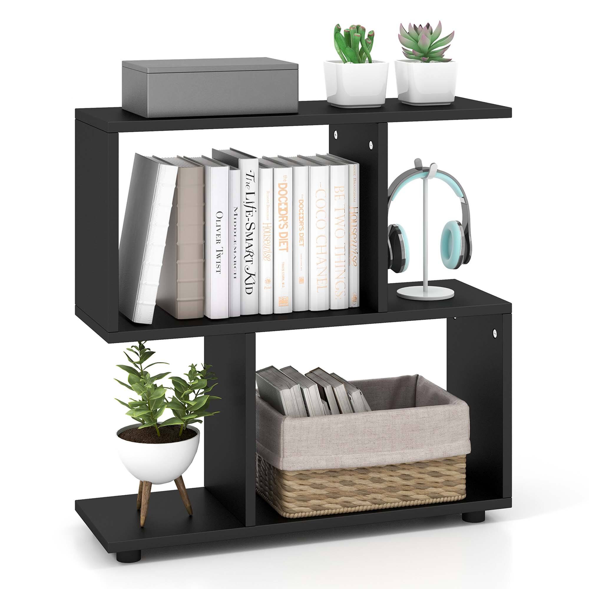 Costway - 2-Tier Bookshelf Free Standing Wooden Display S-Shaped Shelf Storage Rack - Black