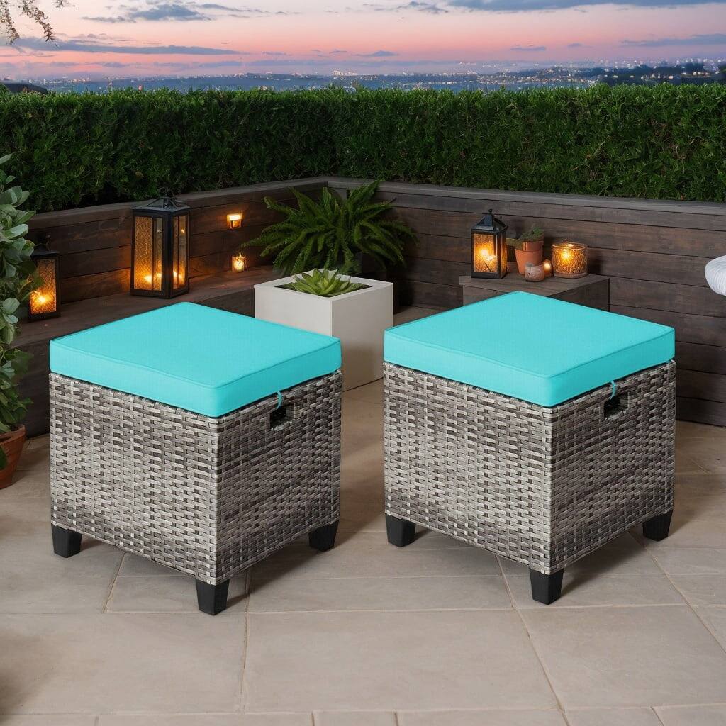 Front. Kadyn - 2PCS Patio Rattan Wicker Ottoman Seat with Removable Cushions-Turquoise, All Weather Wicker Ottoman - Blue.