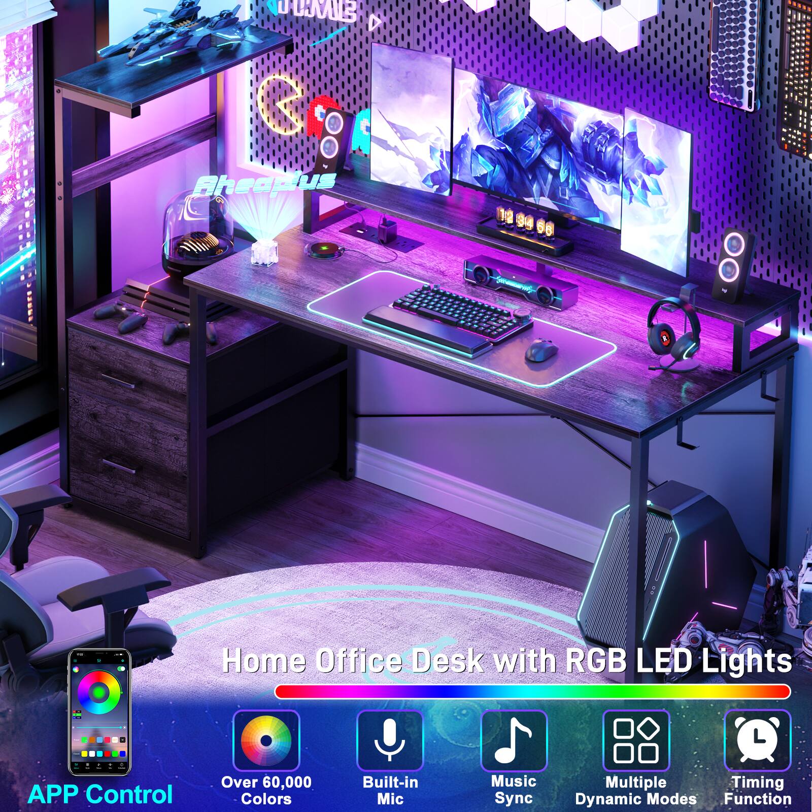 Home Office Desk with RGB LED Lights

- APP Control
- Over 60,000 Colors
- Built-in Mic
- Music Sync
- Multiple Dynamic Modes
- Timing Function