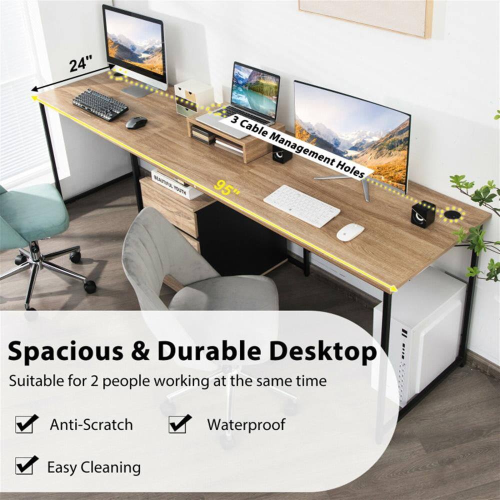 24" Beautiful Pout 3 Cable Management Holes 95" Spacious & Durable Desktop Suitable for 2 people working at the same time Anti-Scratch Waterproof Easy Cleaning